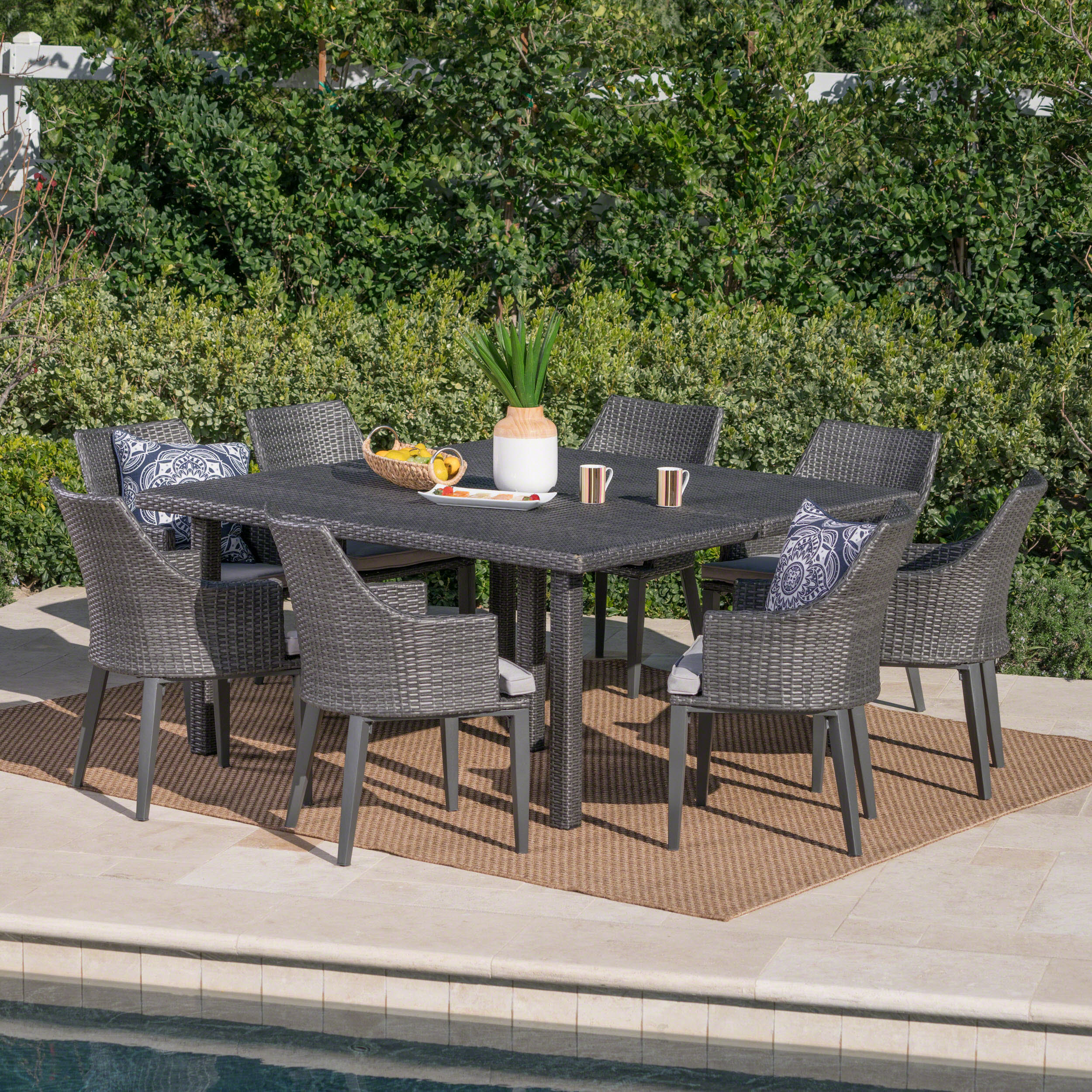 Bheleso Outdoor 9 Piece Wicker Dining Set with Light Water Resistant Cushions - furnishings