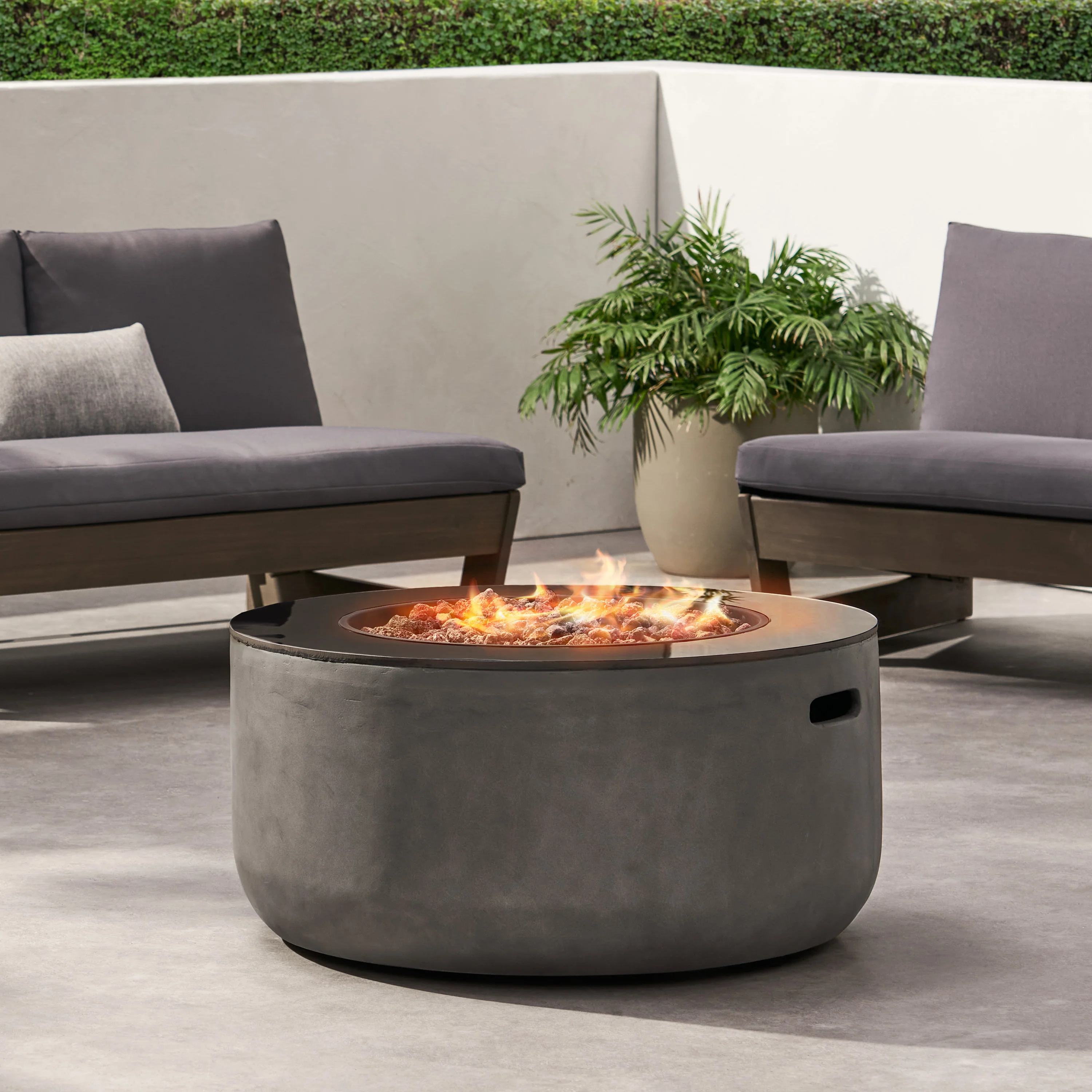 Riga Outdoor 50,000 BTU Lightweight Concrete and Ceramic Circular Fire Pit (No Tank Holder), Light Gray and Black - furnishings