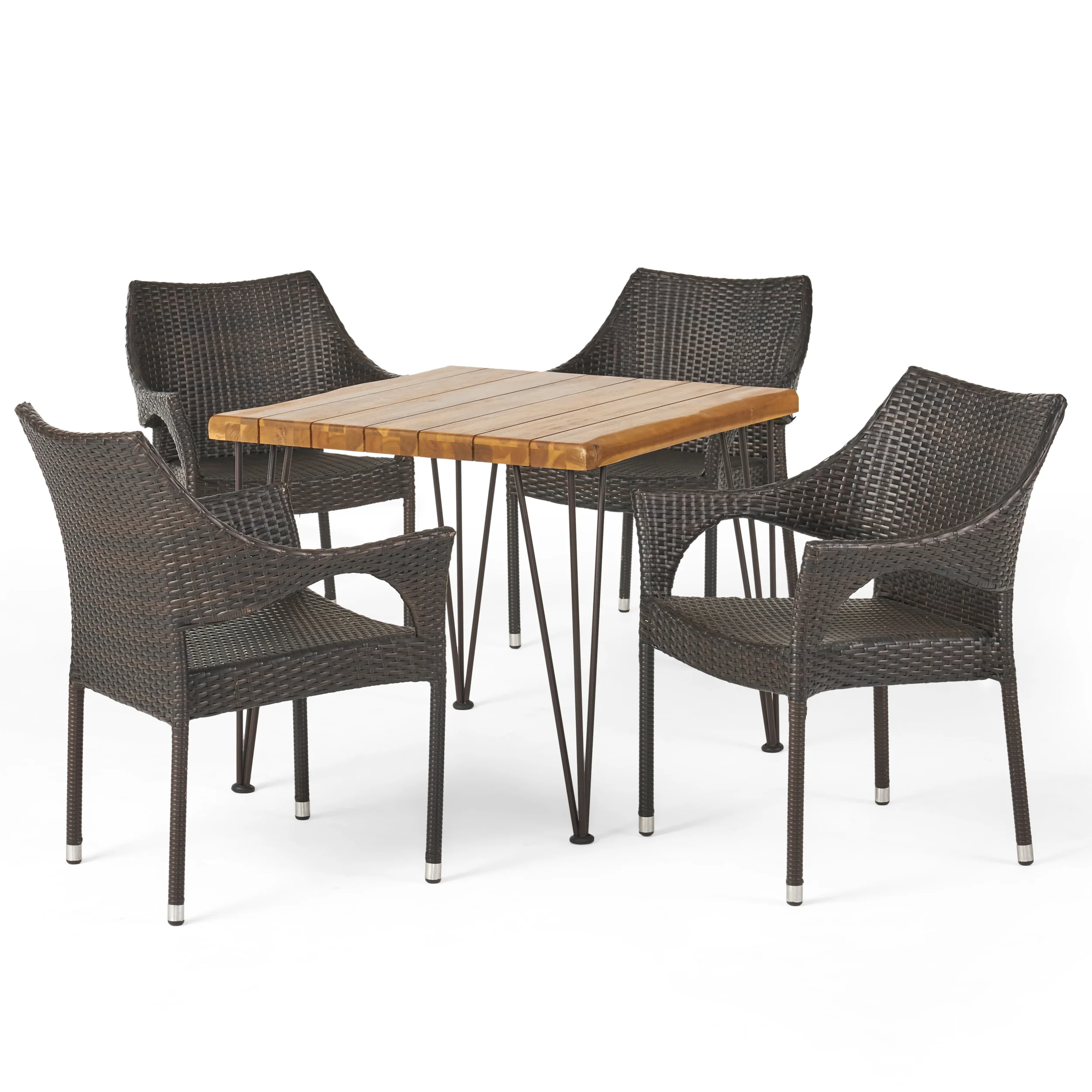 Northside Outdoor Farmhouse Wood and Wicker 5 Piece Square Dining Set, Teak and Multi Brown - furnishings