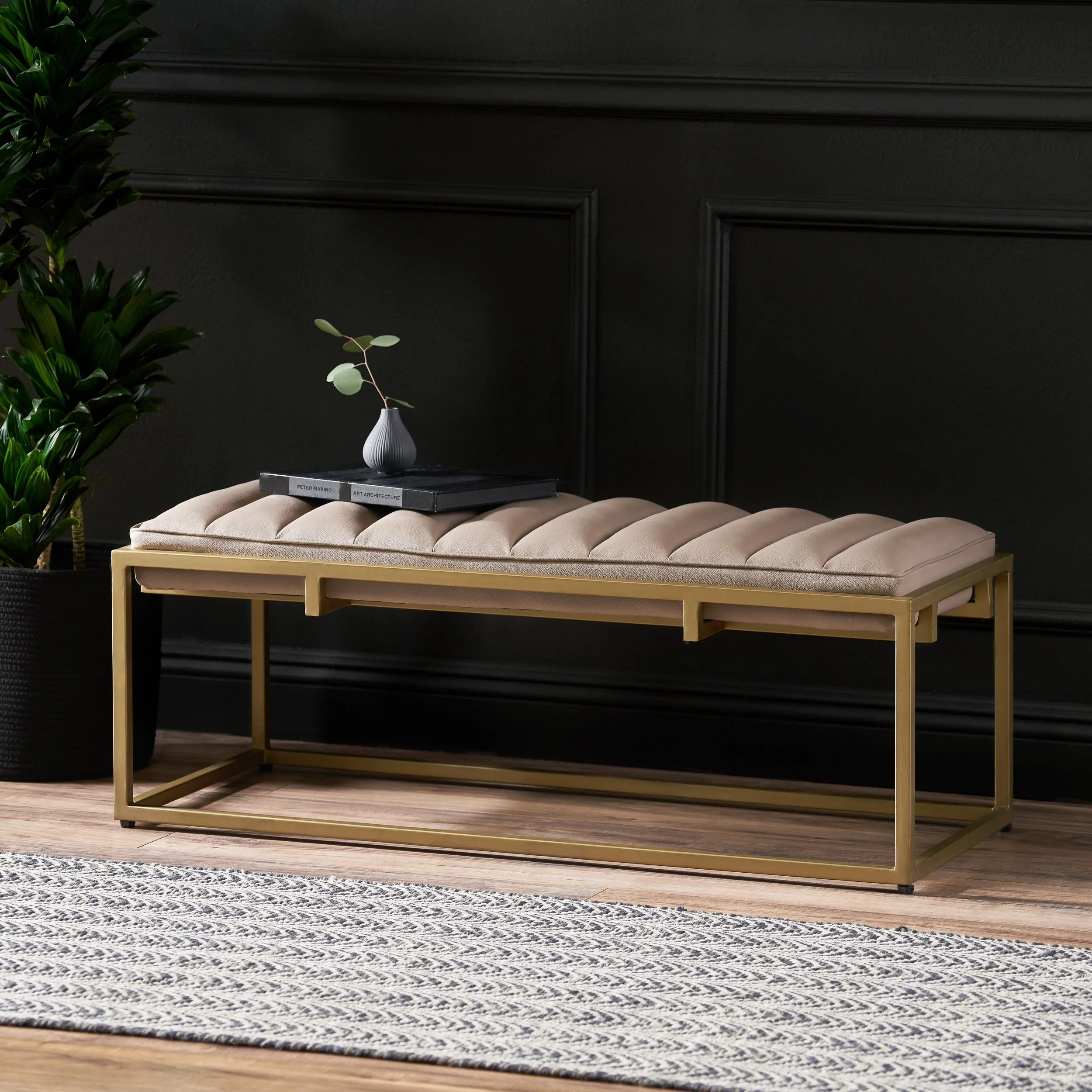 Jill Contemporary Handmade Channel Stitch Ottoman Bench, Dark Cream and Matte Gold - furnishings