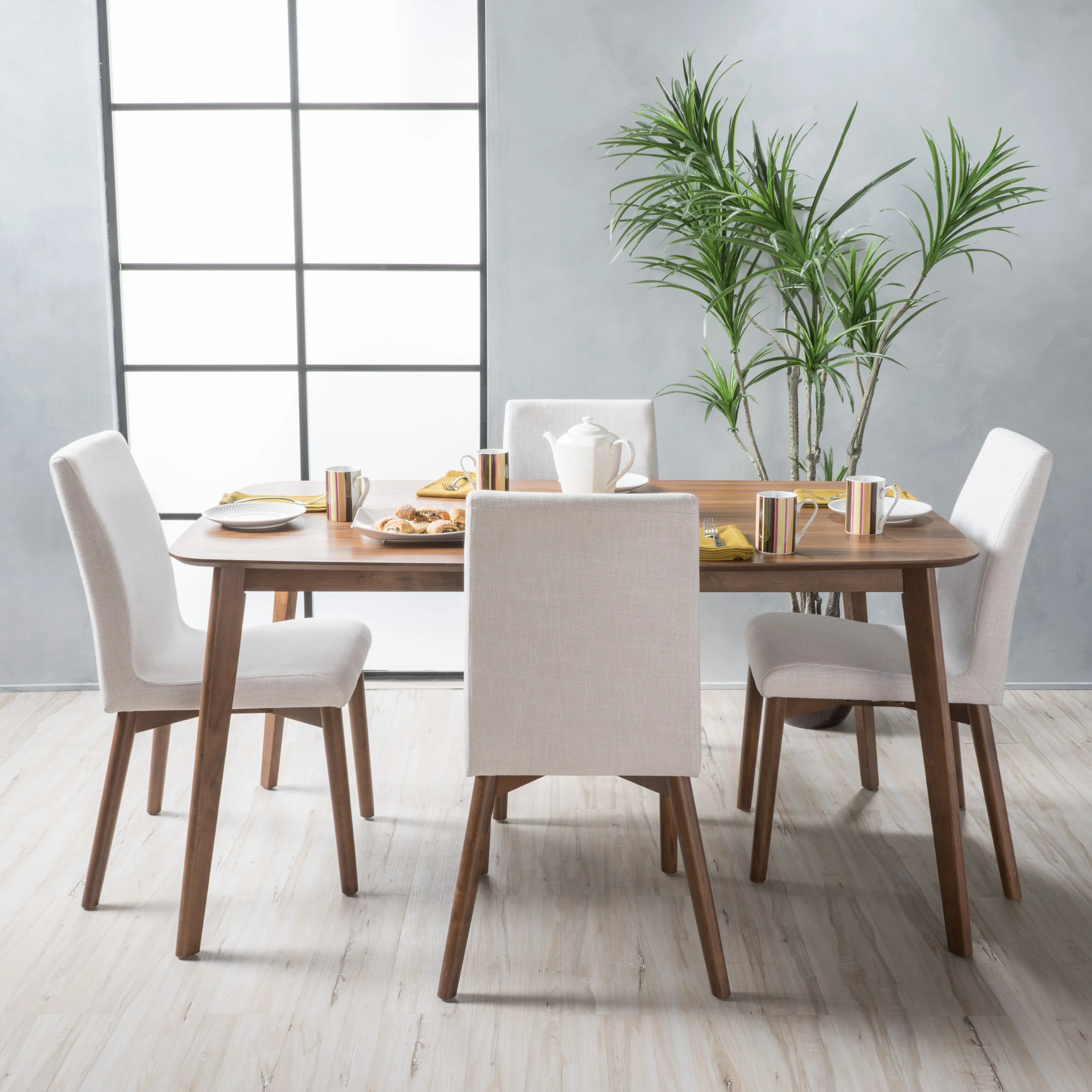 Oneida Mid-Century Modern 5 Piece Dining Set, Light Beige and Walnut - furnishings