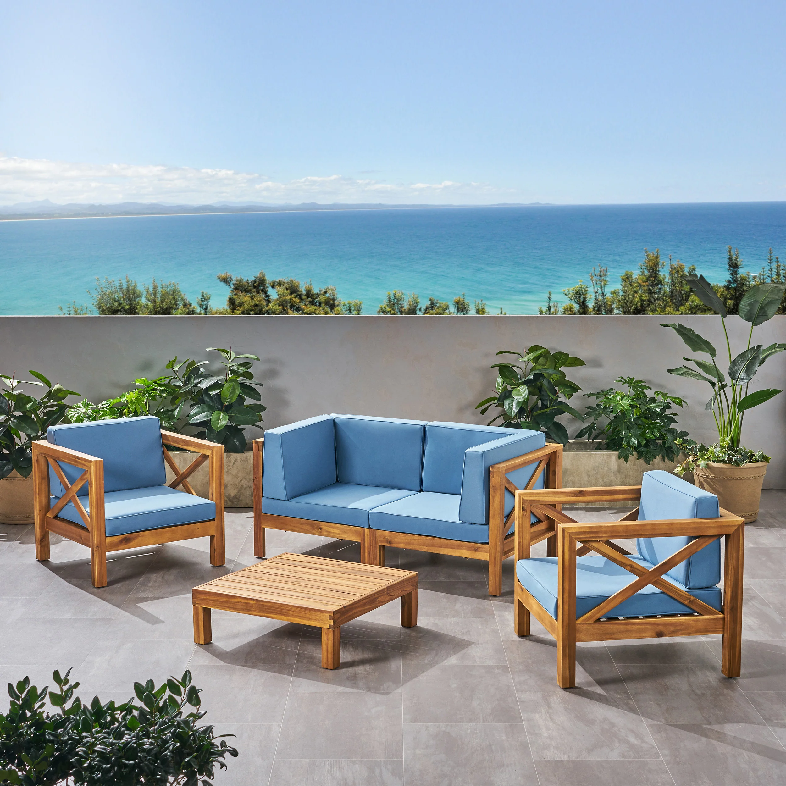 Morgan Outdoor 4 Seater Acacia Wood Loveseat Chat Set - furnishings