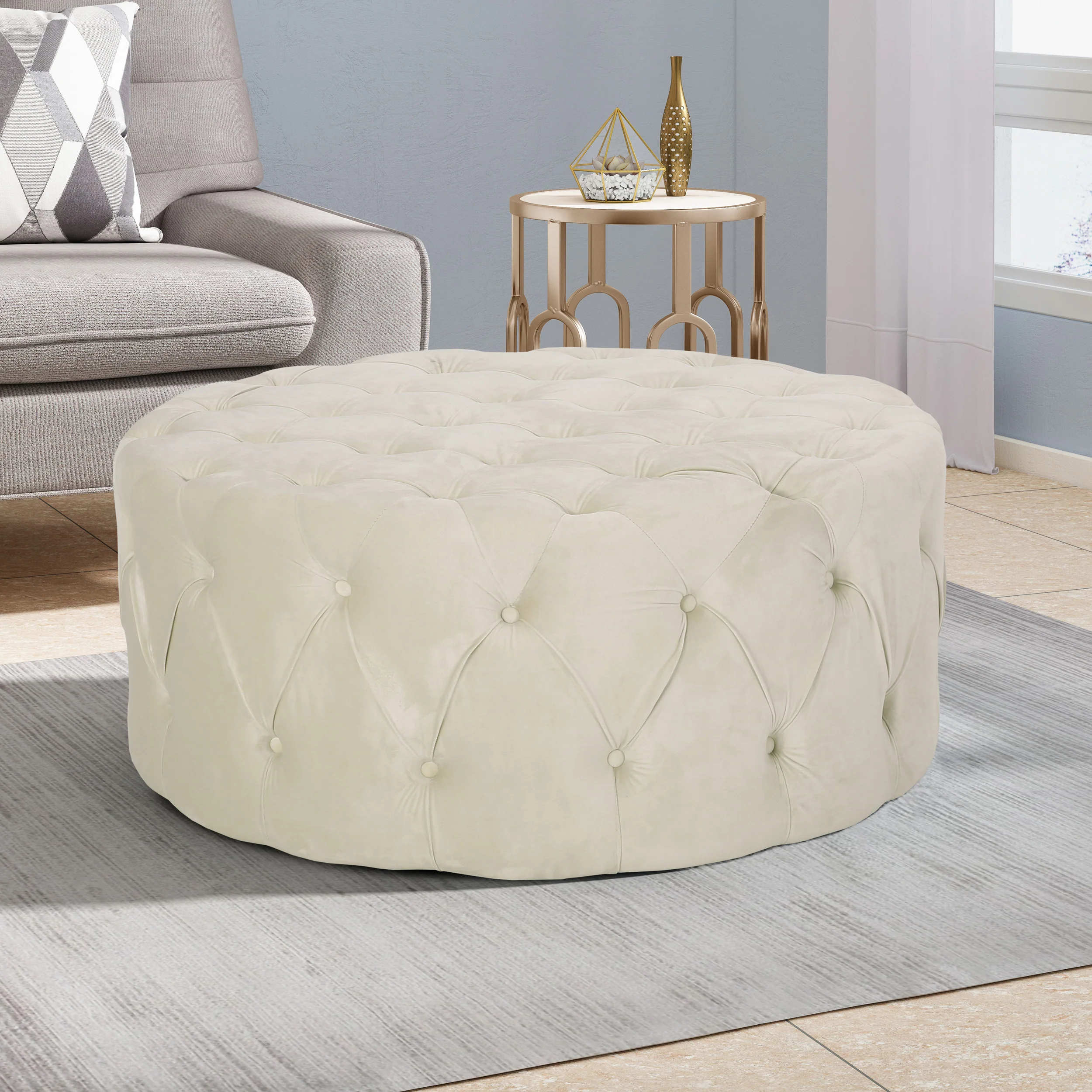 Kaung Modern Glam Round Tufted Velvet Ottoman Coffee Table - furnishings