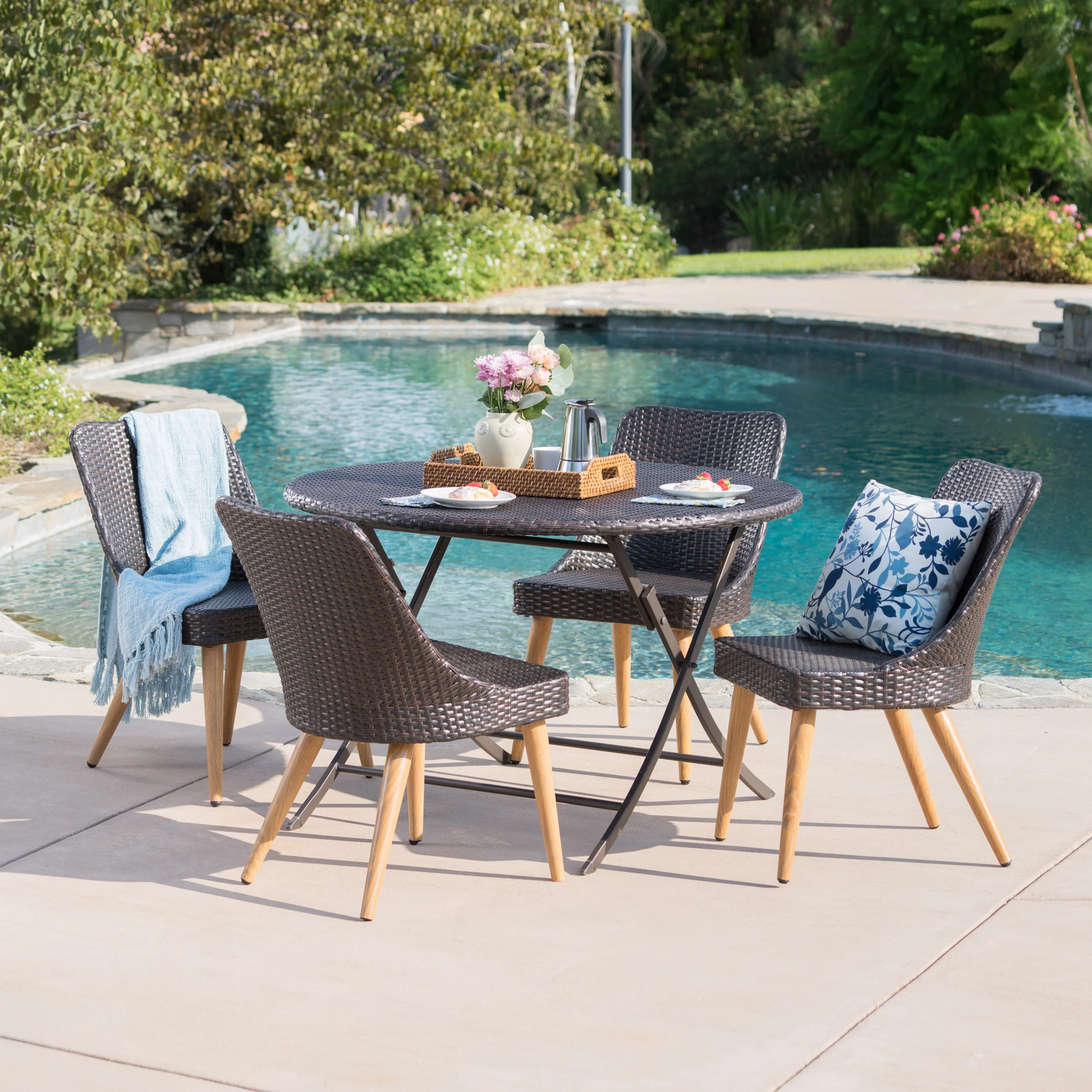 Othon Outdoor 5 Piece Multi-brown Wicker Dining Set with Table and Chairs - furnishings