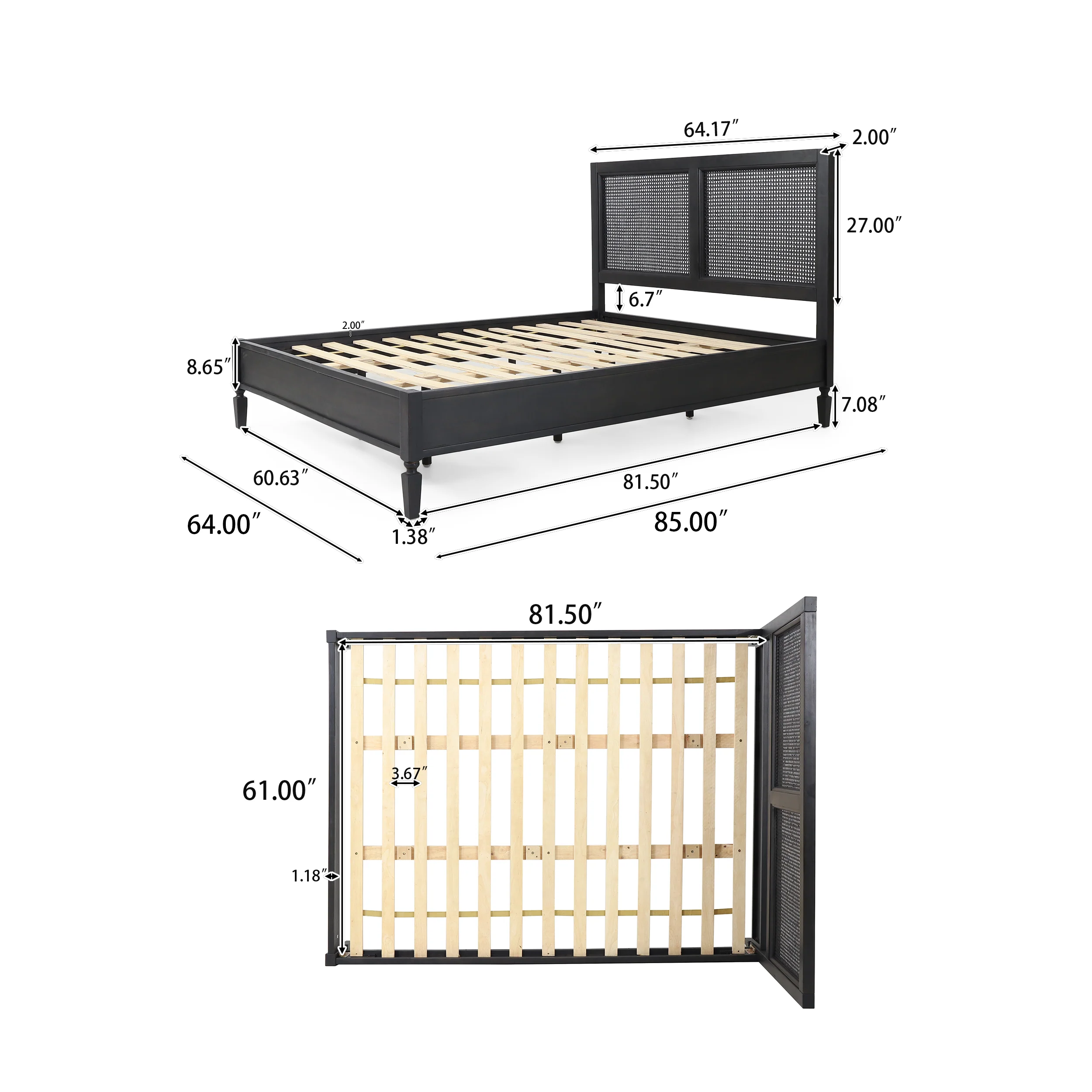 Mathena Rustic Acacia Wood and Rattan Queen Bed, Dark Gray - furnishings