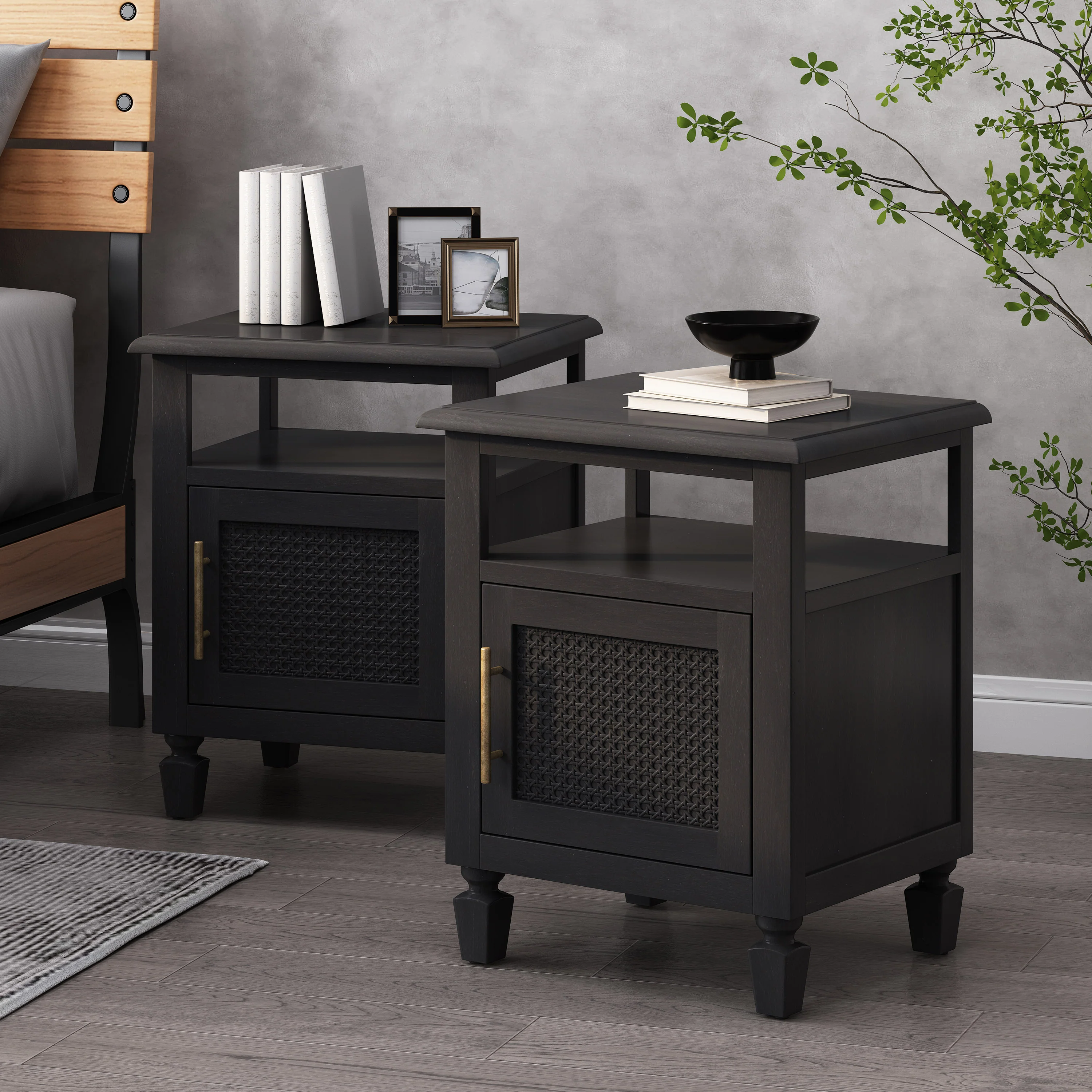 Lempster Rustic Acacia Wood and Cane Nightstands, Set of 2, Dark Gray - furnishings
