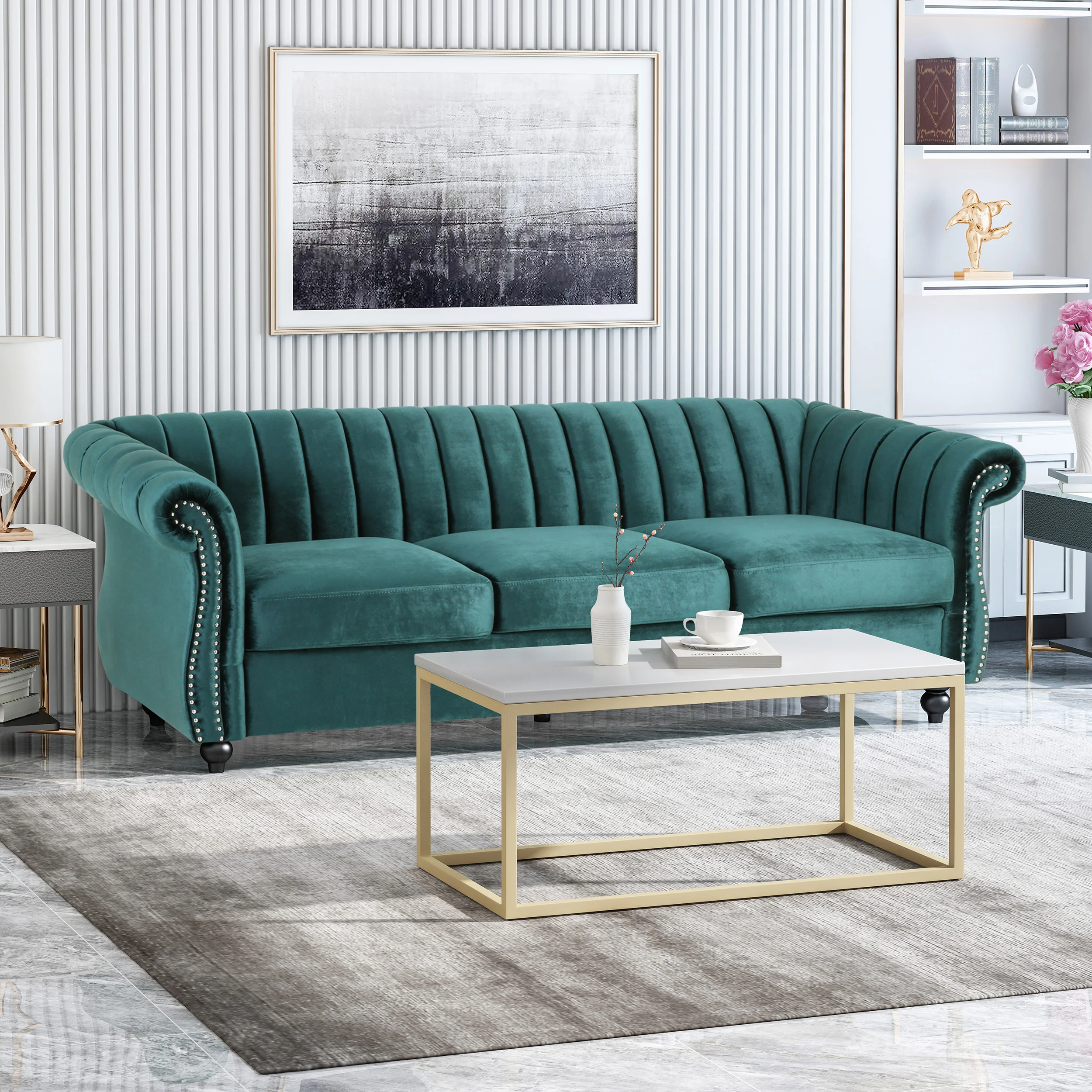 Olga Modern Glam Velvet 3 Seater Sofa, Umber and Dark Brown - furnishings