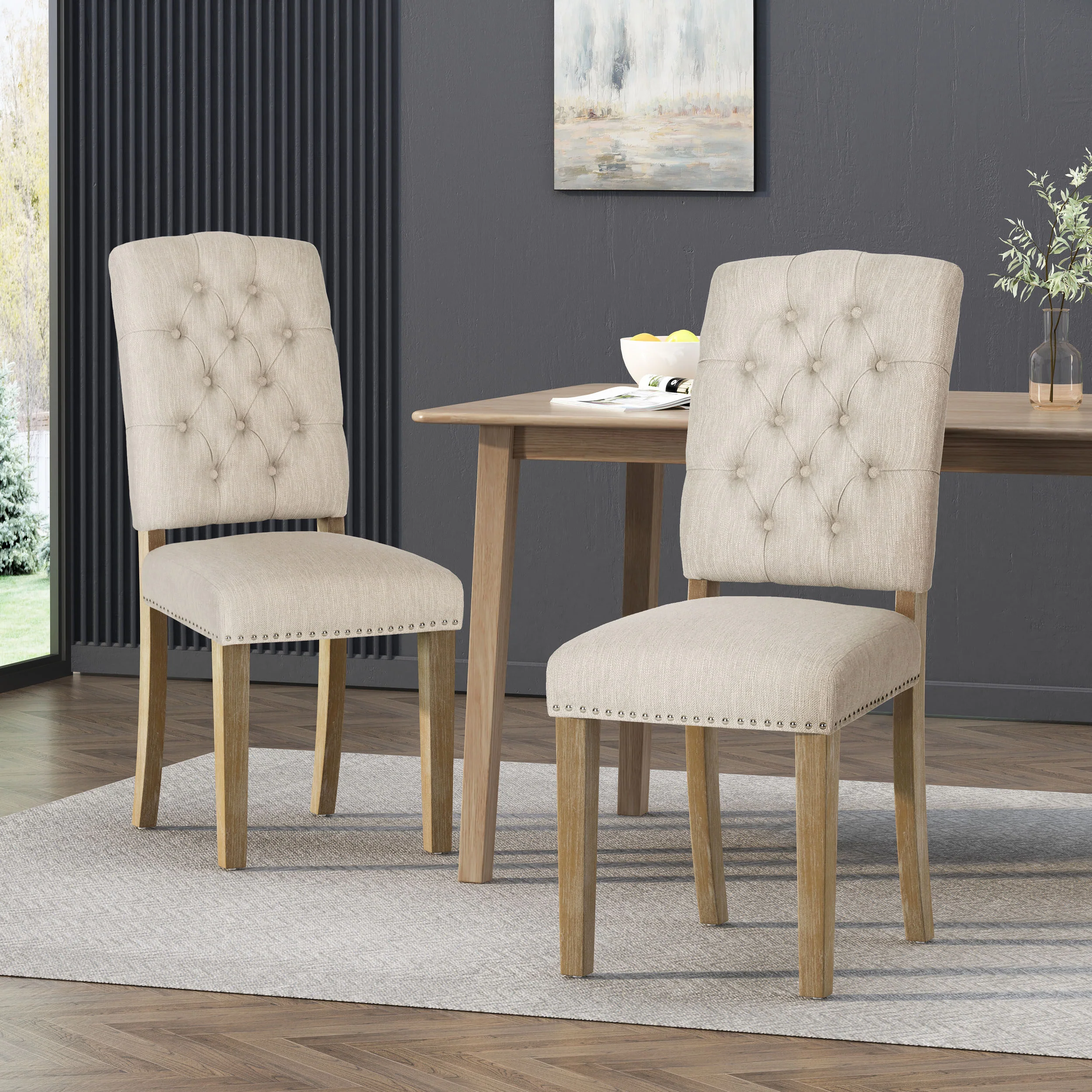 Frances Contemporary Fabric Tufted Dining Chairs with Nailhead Trim, Set of 2 - furnishings
