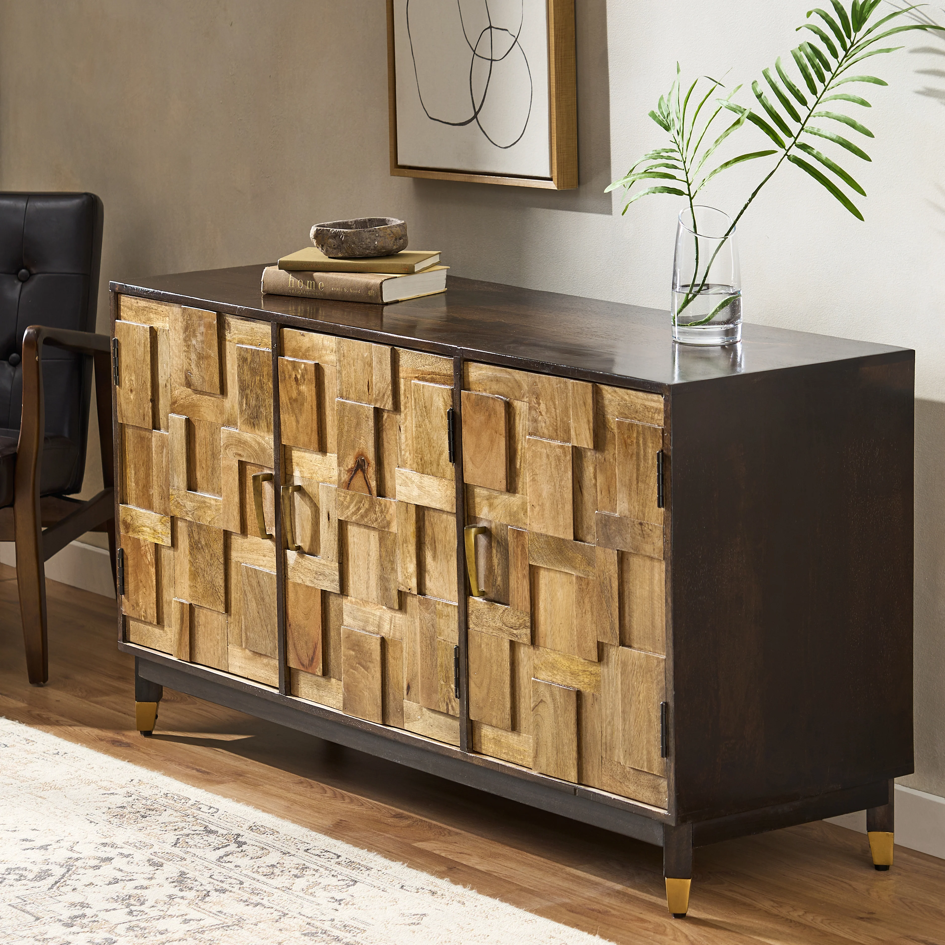 Graniss Boho Handmade Mango Wood 3 Door Sideboard, Walnut and Natural - furnishings