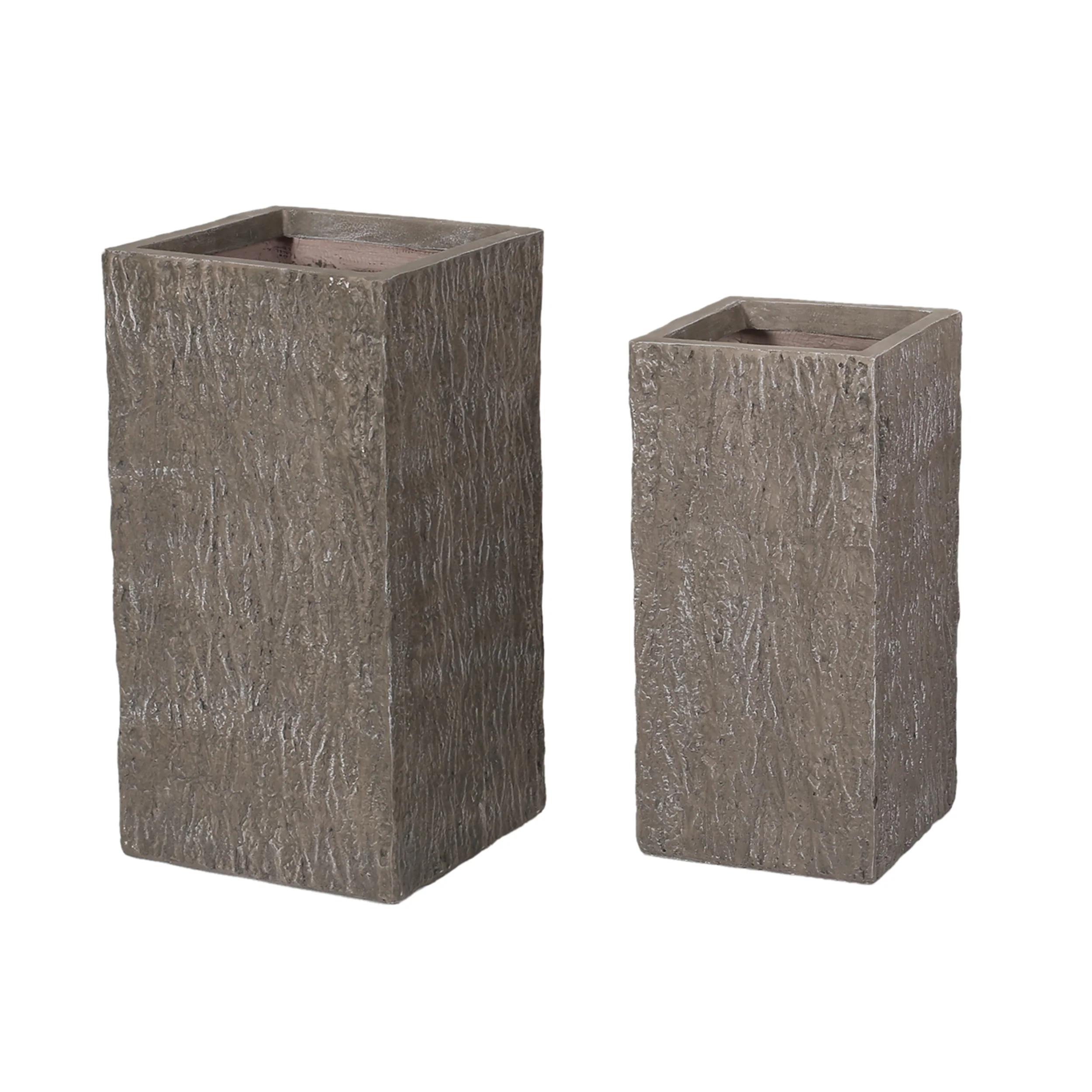 Berkamn Outdoor Large and Medium Cast Stone Planters, Set of 2, Brown Wood - furnishings