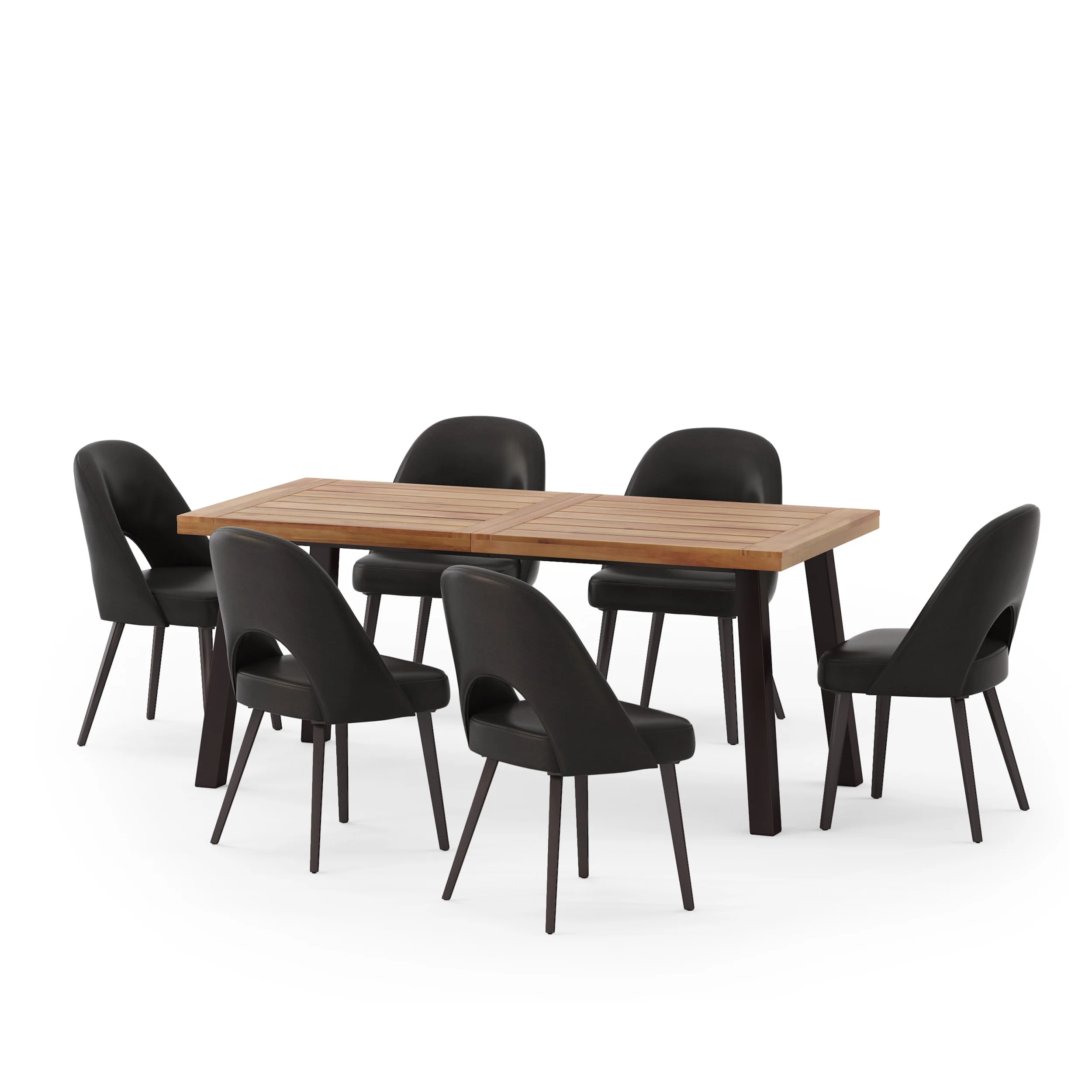 Divo Modern Industrial Faux Leather Upholstered Iron and Wood 7 Piece Dining Set, Natural, Rustic Metal, and Midnight Black - furnishings