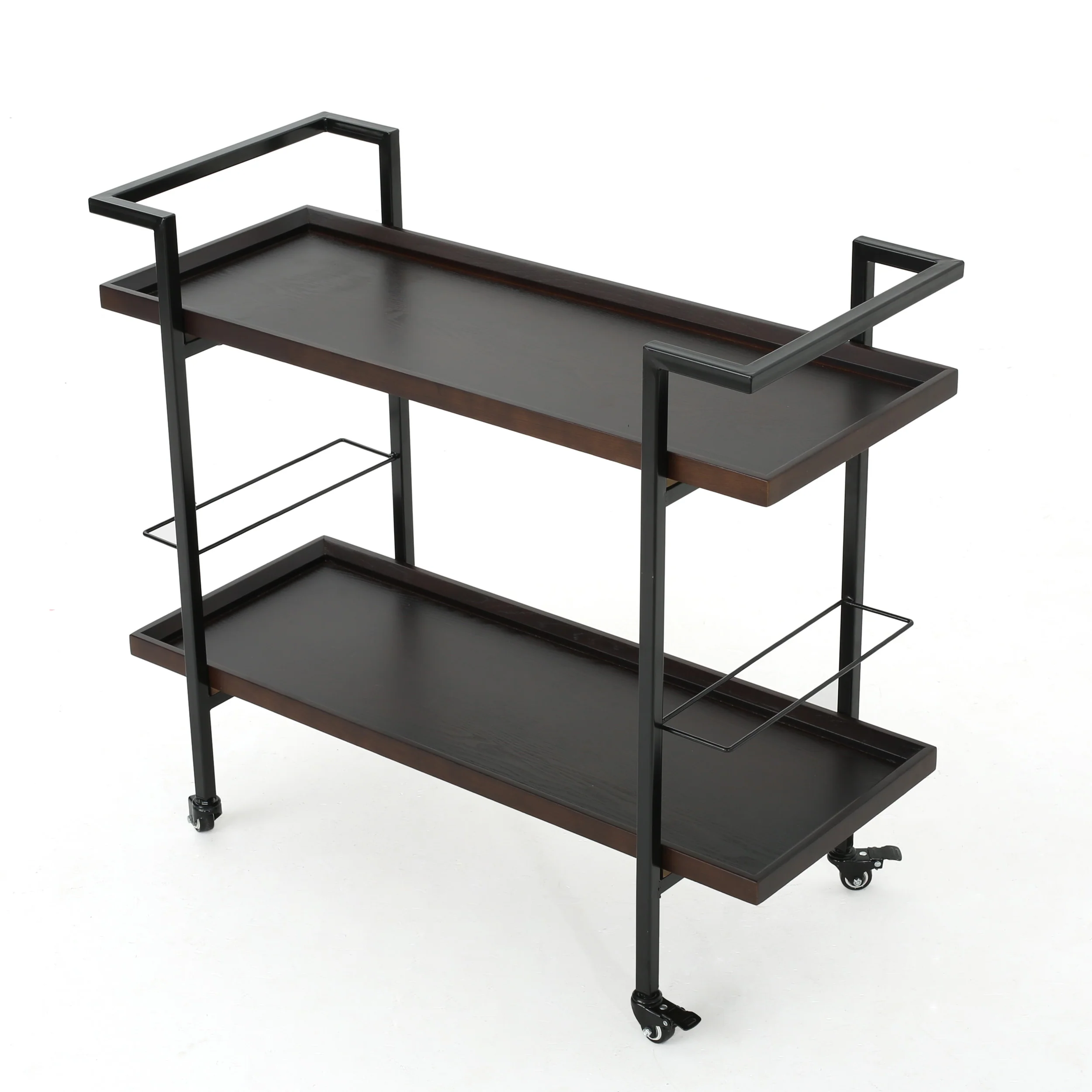 Gerard Modern Industrial Two Shelf Wood Finished Bar Cart with Rolling Casters - furnishings