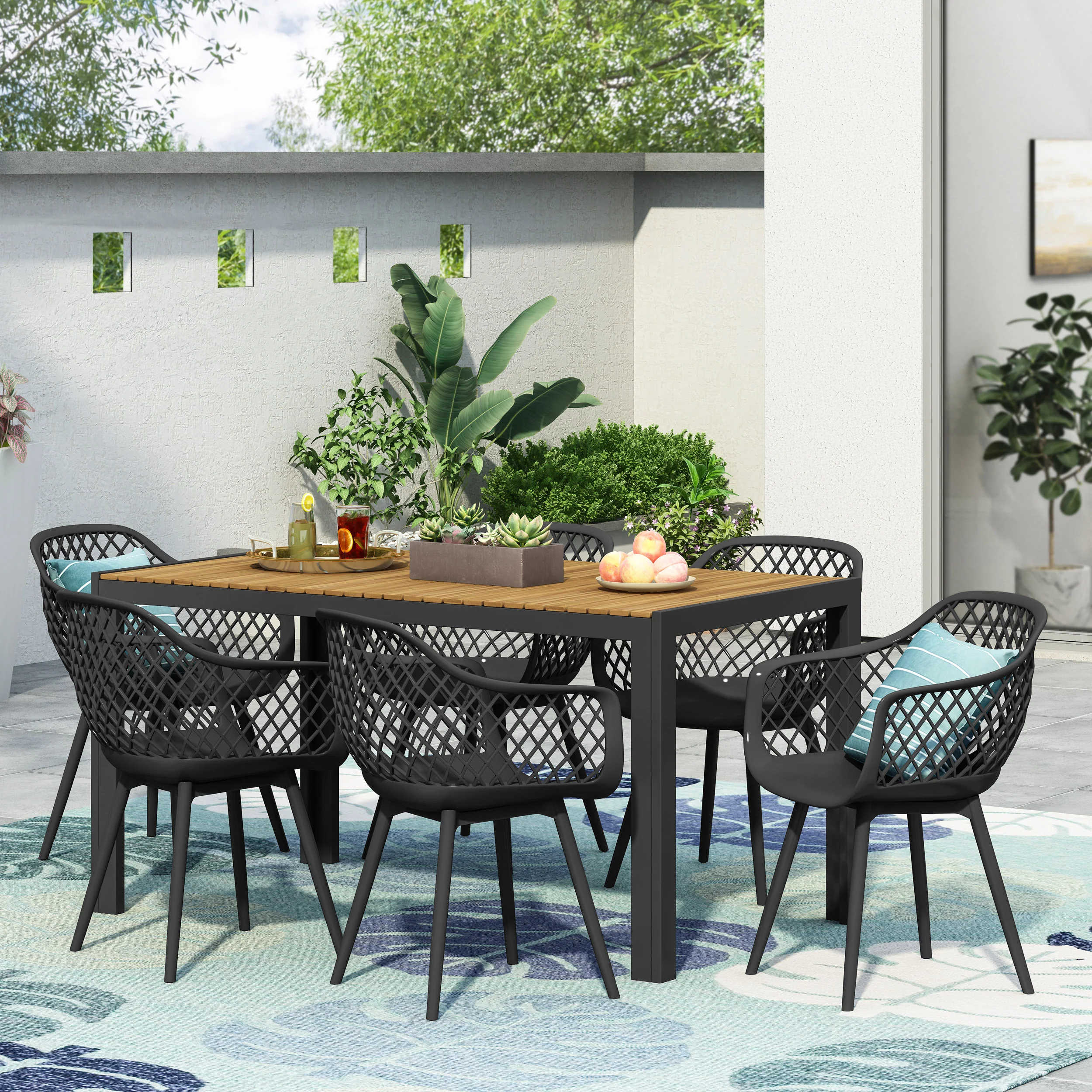 Lorena Outdoor Wood and Resin 7 Piece Dining Set, Black and Teak - furnishings