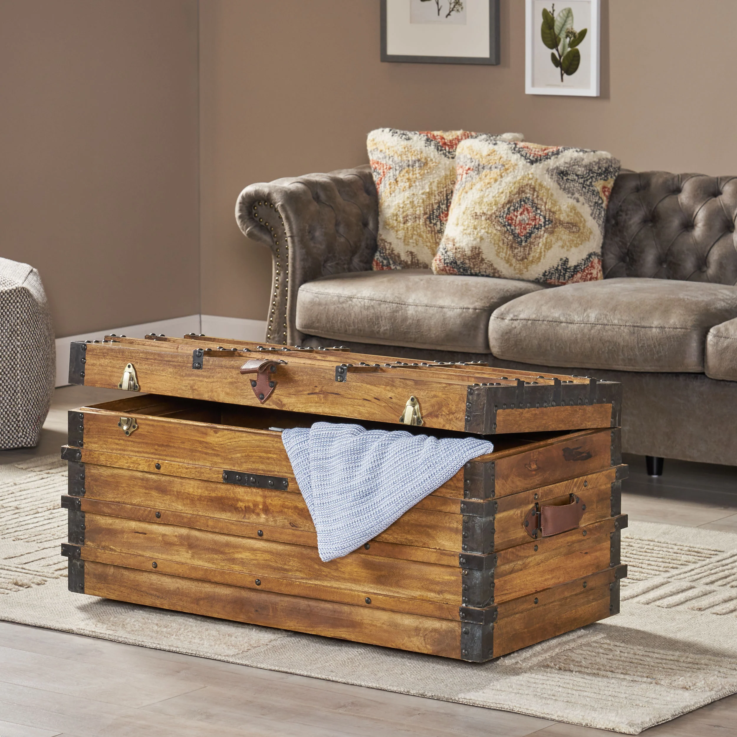 Stanton Handcrafted Boho Wood Storage Trunk with Latches - furnishings