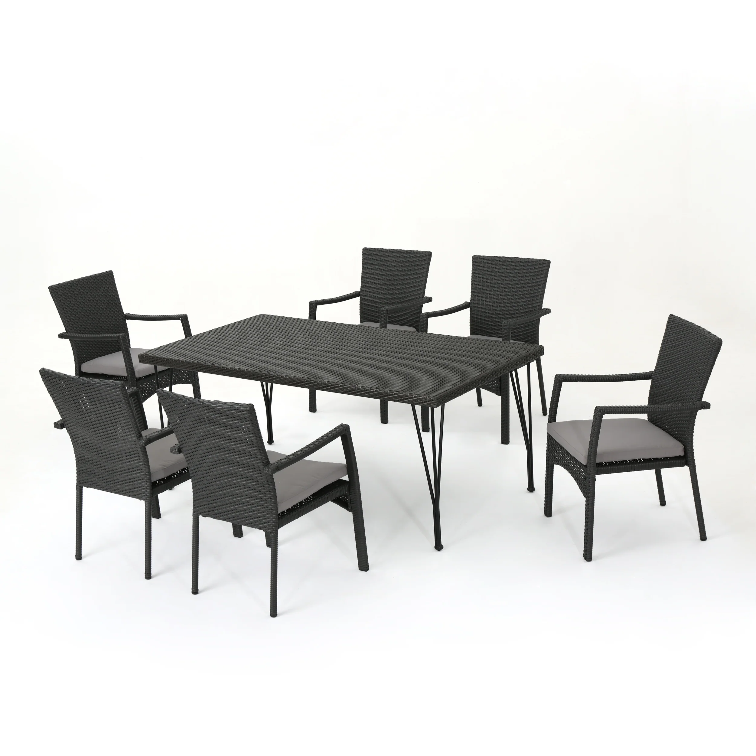 Lula Outdoor 7 Piece Wicker Rectangular Dining Set with Water Resistant Cushions - furnishings