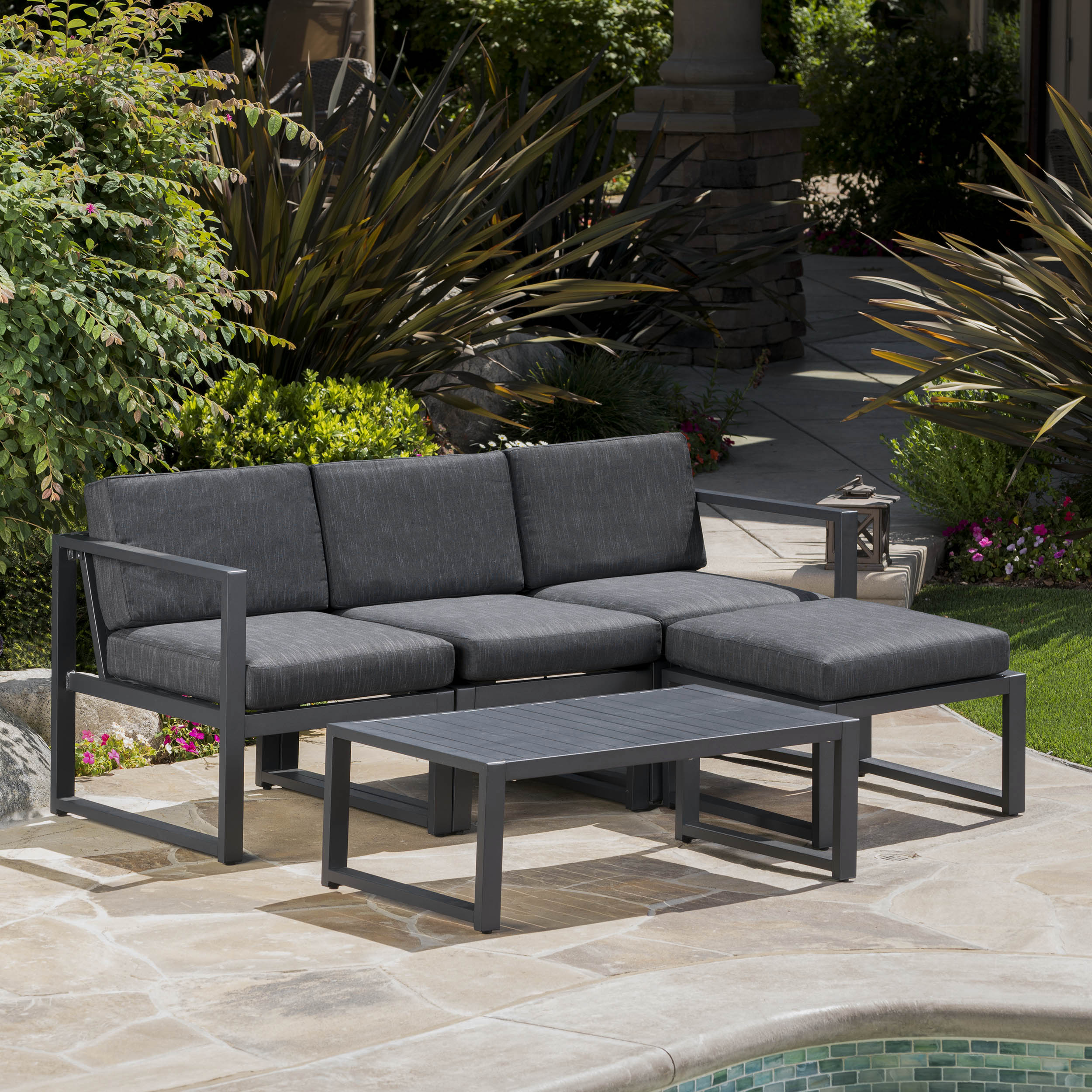 Nealie Modern Outdoor Dark Gray Aluminum Sectional Sofa Set with Black Cushions - furnishings
