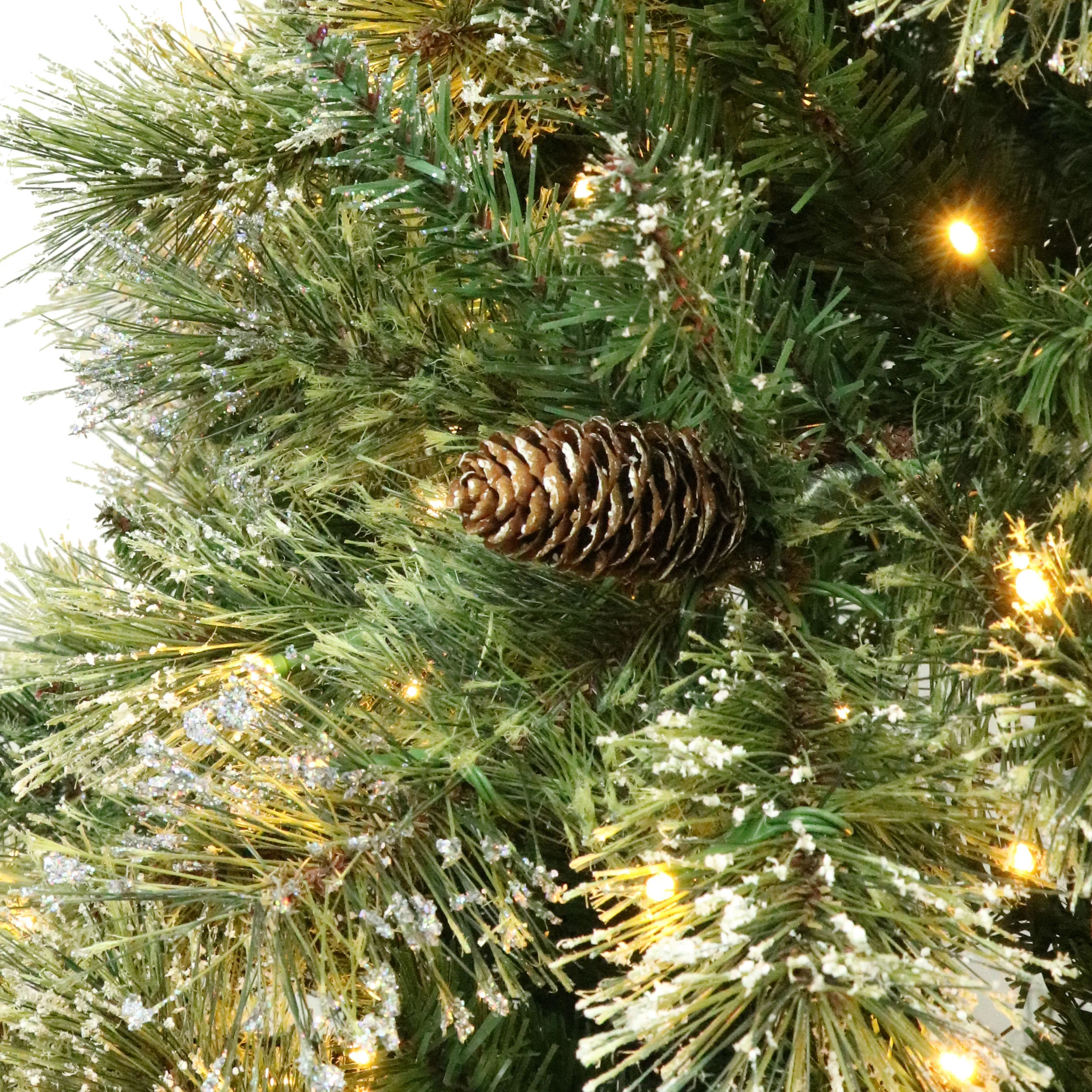 7-foot Cashmere Pine and Mixed Needles Pre-Lit Clear LED Hinged Artificial Christmas Tree with Snow and Glitter Branches and Frosted Pinecones - furnishings