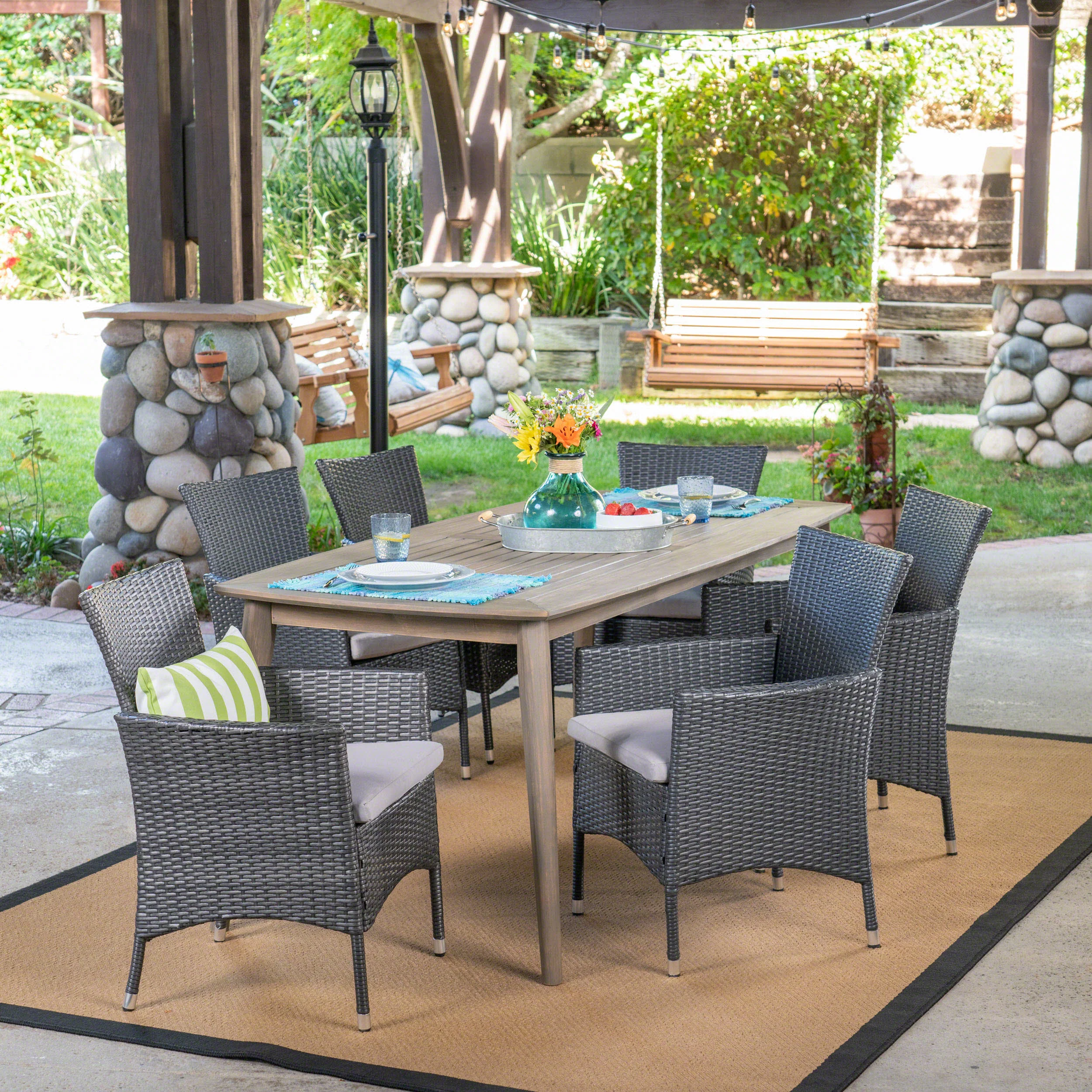 Jerzie Outdoor 7 Piece Wood and Wicker Dining Set, Gray and Gray - furnishings