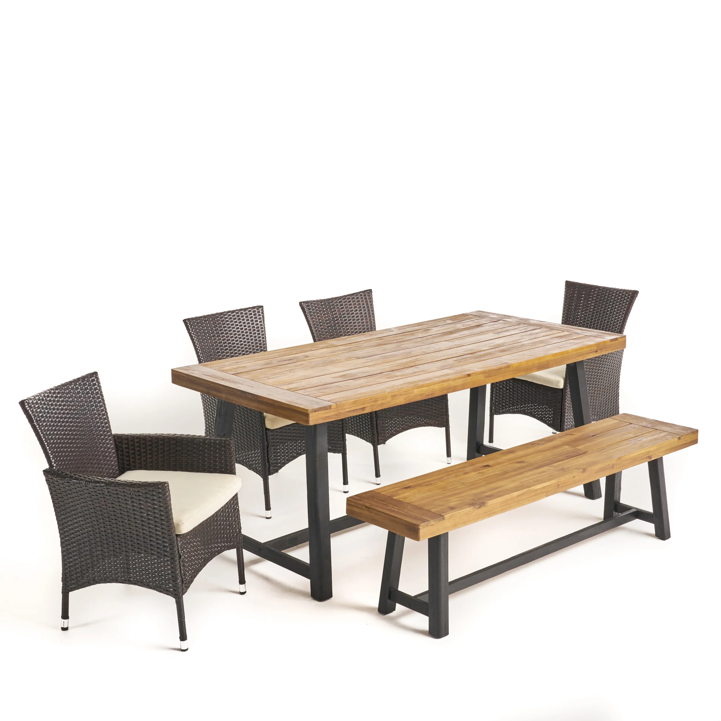 Jack Outdoor 6 Piece Dining Set with Stacking Wicker Chairs and Bench, Sandblast Teak and Black and Multi Brown - furnishings