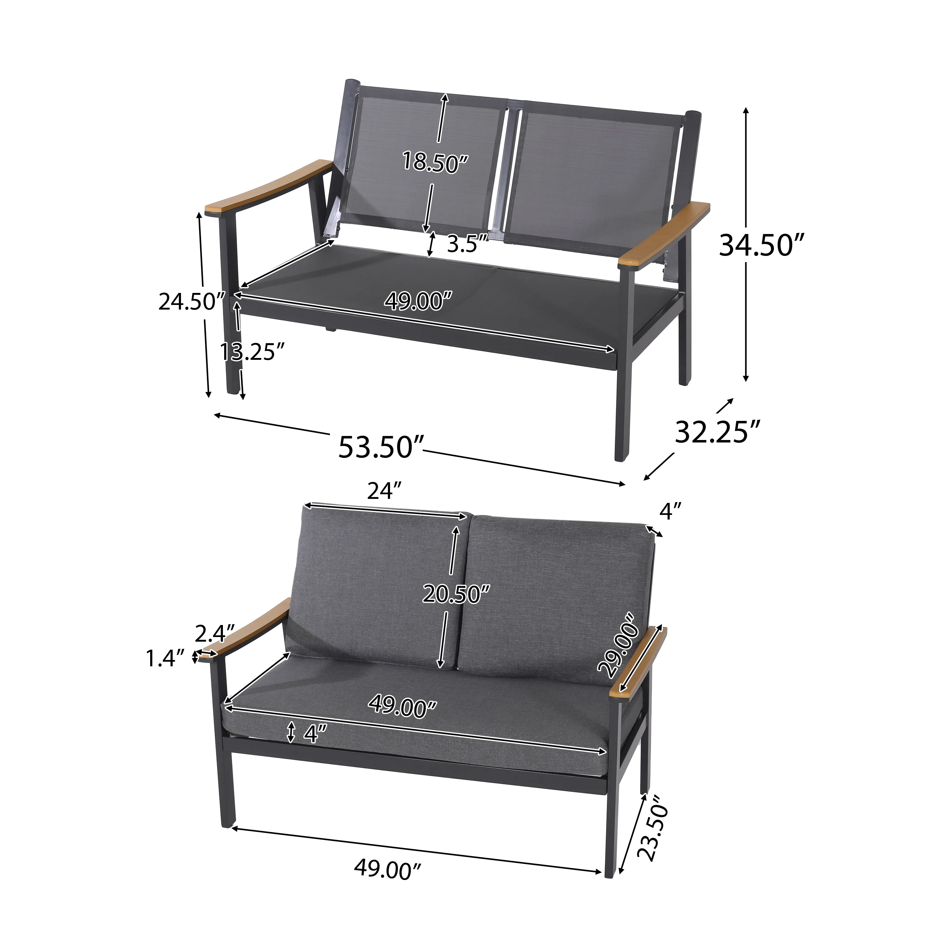 Mathias Outdoor 4 Piece Aluminum and Faux Wood Chat Set with Cushions - furnishings