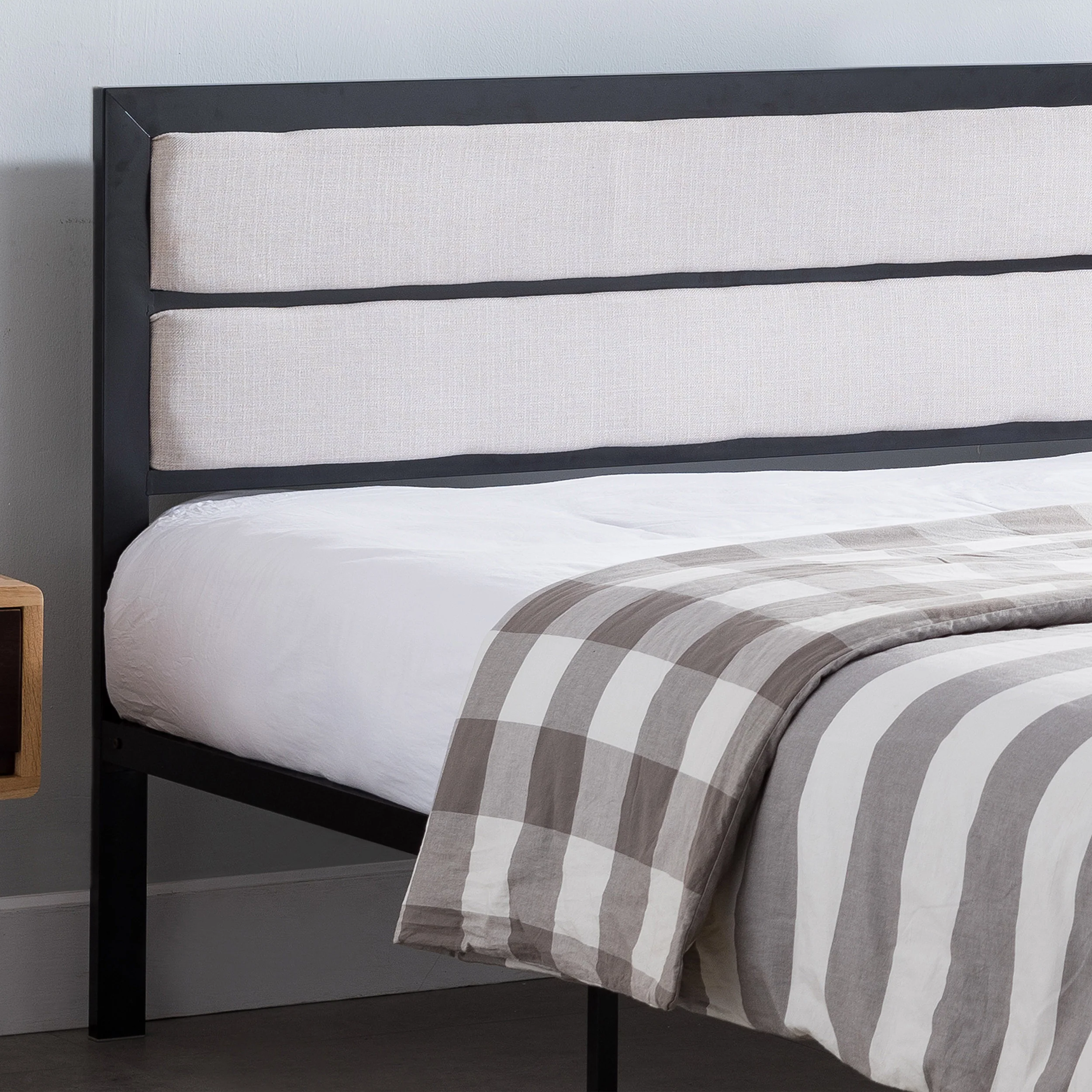 Kiran Minimalistic Modern Iron Queen Bed Frame with Fabric Upholstered Headboard - furnishings
