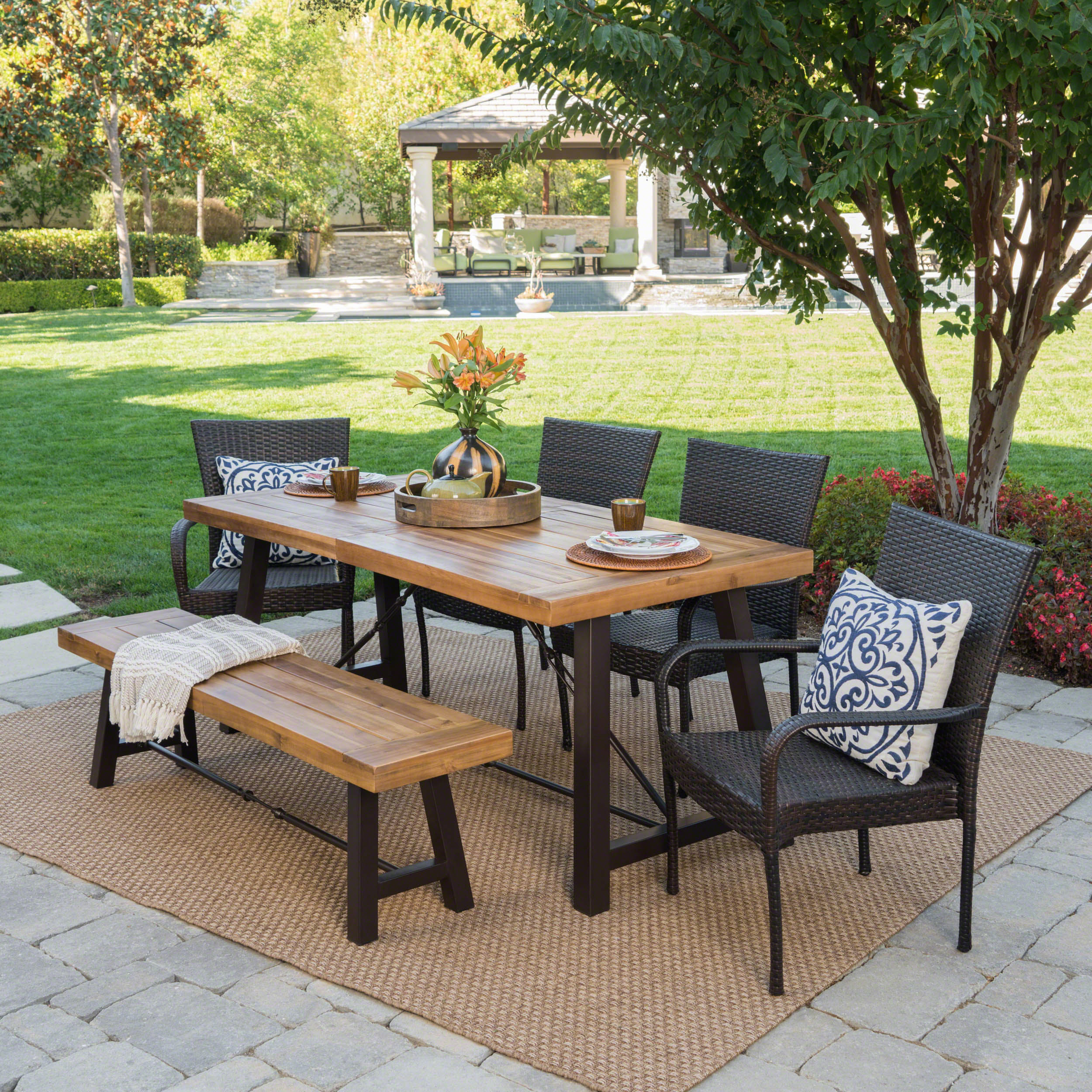 Soltice Outdoor 6 Piece Teak Finished Acacia Wood Dining Set with Multi-brown Chairs - furnishings