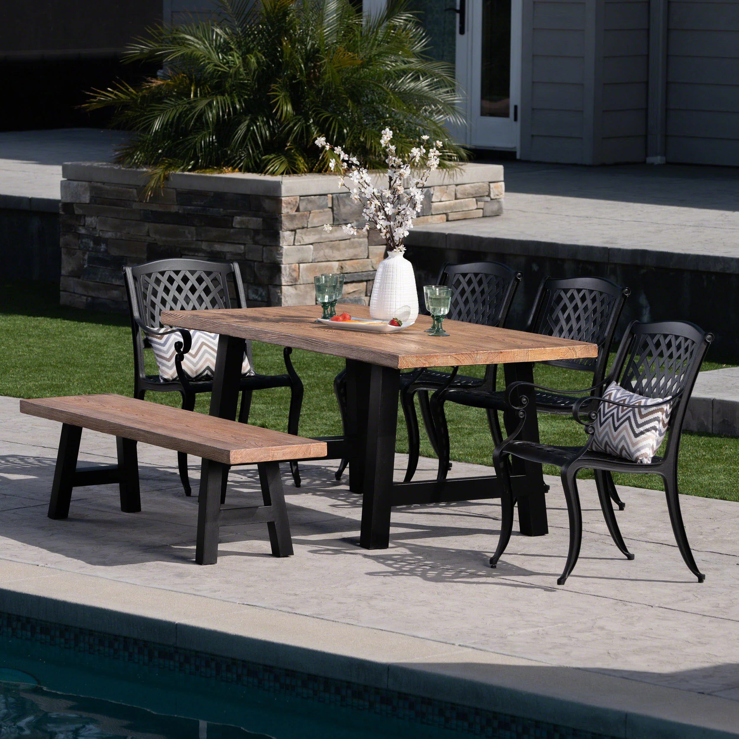 Dorris Outdoor 6 Piece Black Sand Aluminum Dining Set with Light Weight Concrete Table and Bench - furnishings