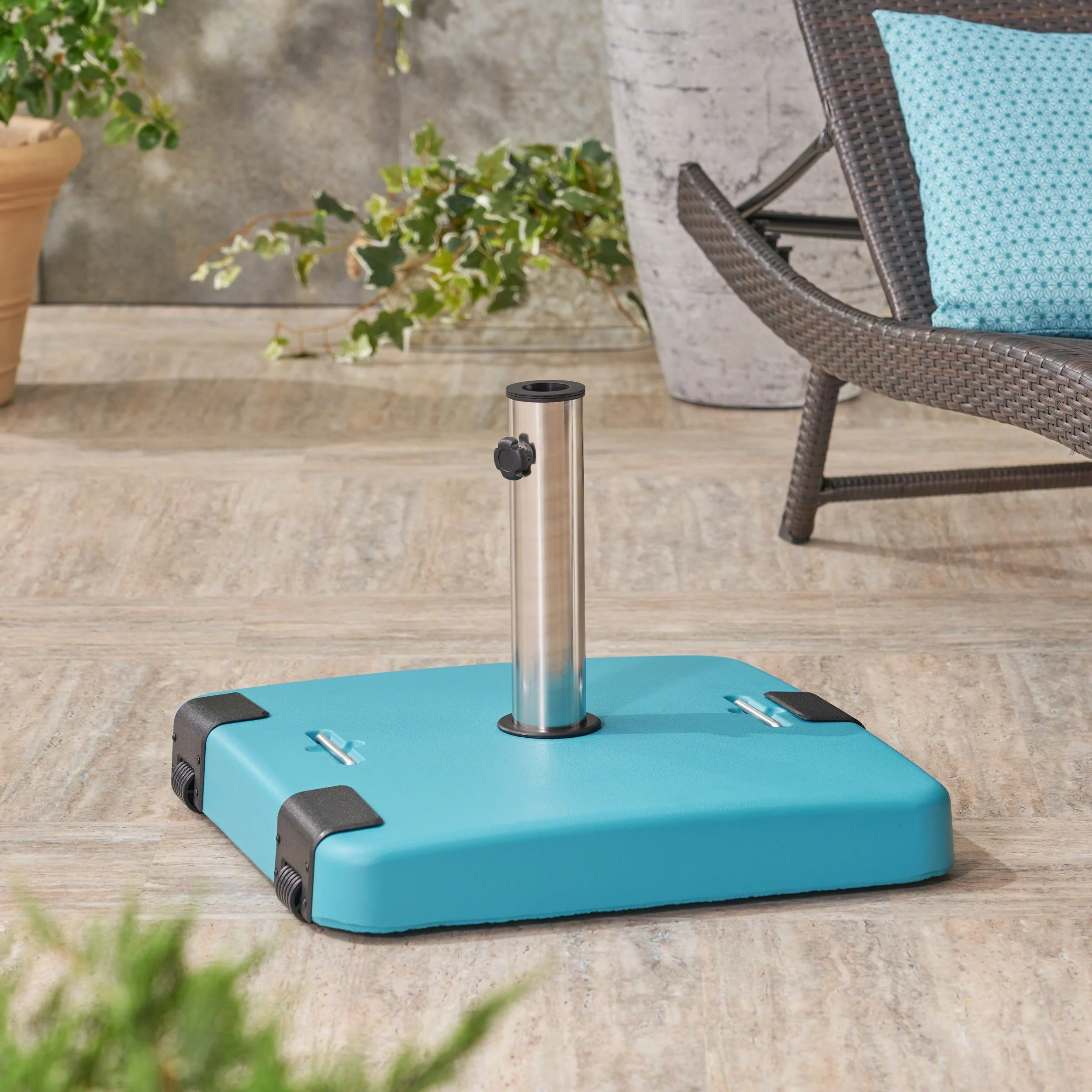 Larissa Outdoor 119lb Concrete Square Umbrella Base with Stainless Steel Collar - furnishings
