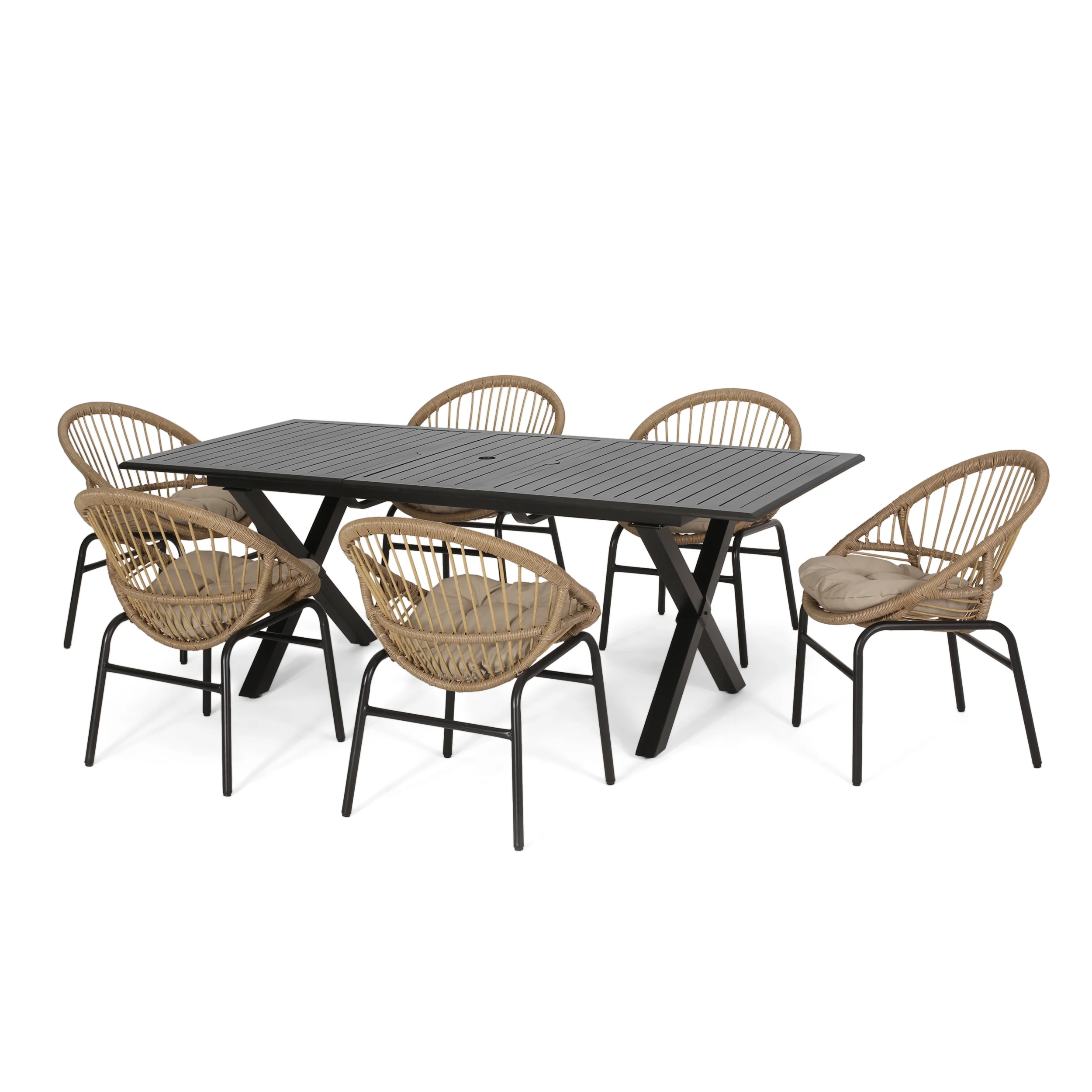 Benway Outdoor Wicker and Aluminum 7 Piece Expandable Dining Set with Cushion, Light Brown, Beige, and Black - furnishings