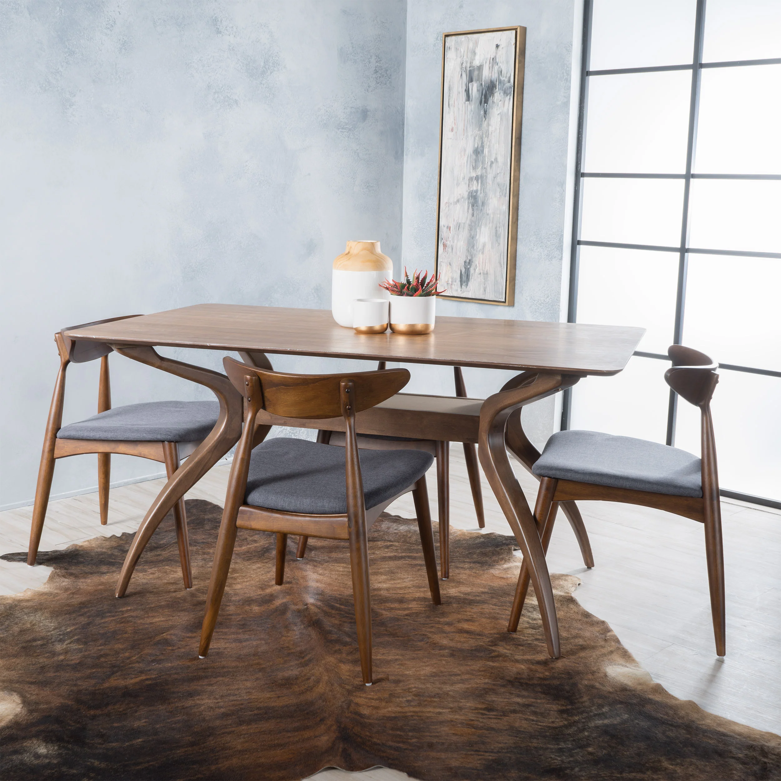 Issaic Mid-Century Modern 5-Piece Fabric Upholstered Dining Set w/ Wood Frame - furnishings