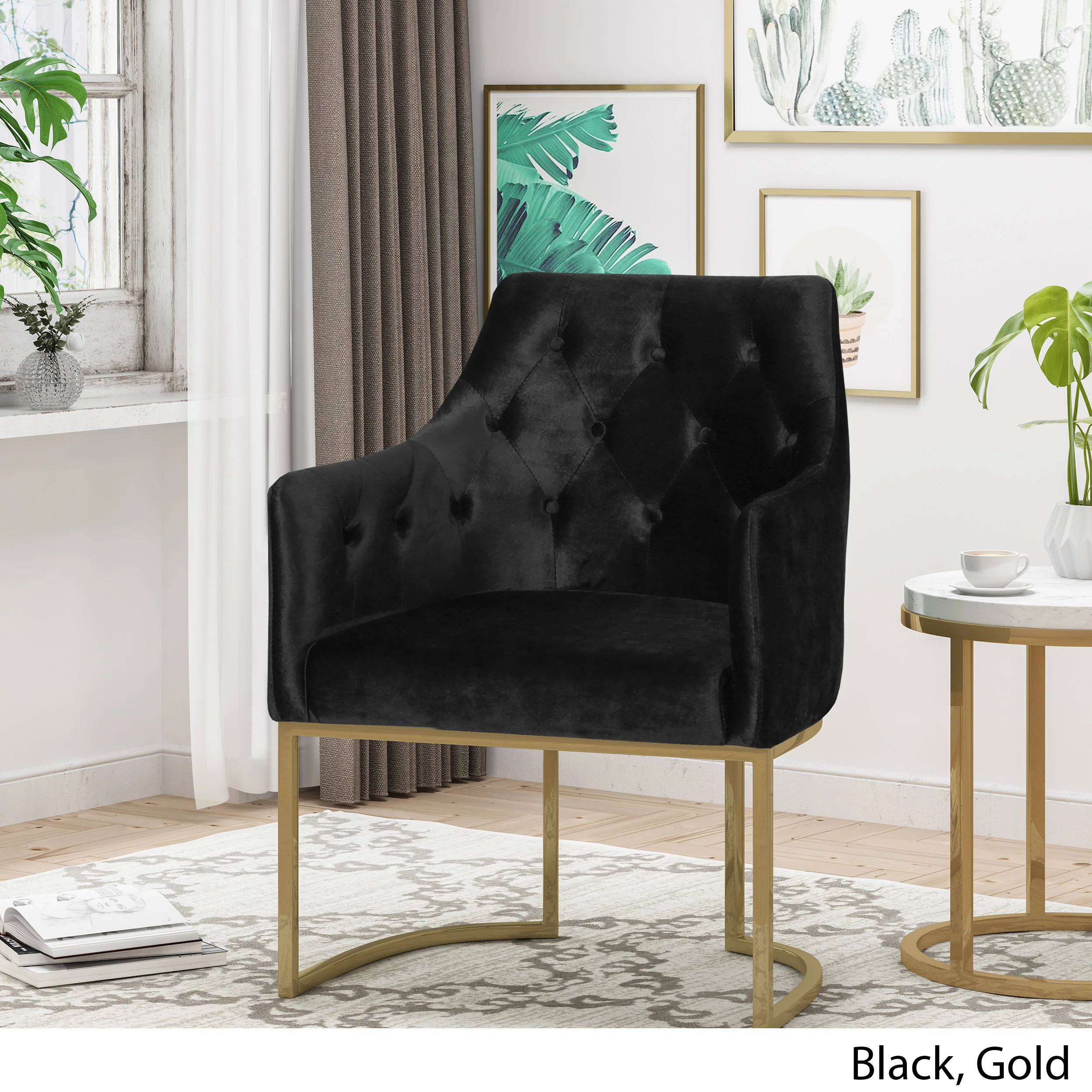 Fern Modern Tufted Glam Accent Chair with Velvet Cushions and U-Shaped Base - furnishings