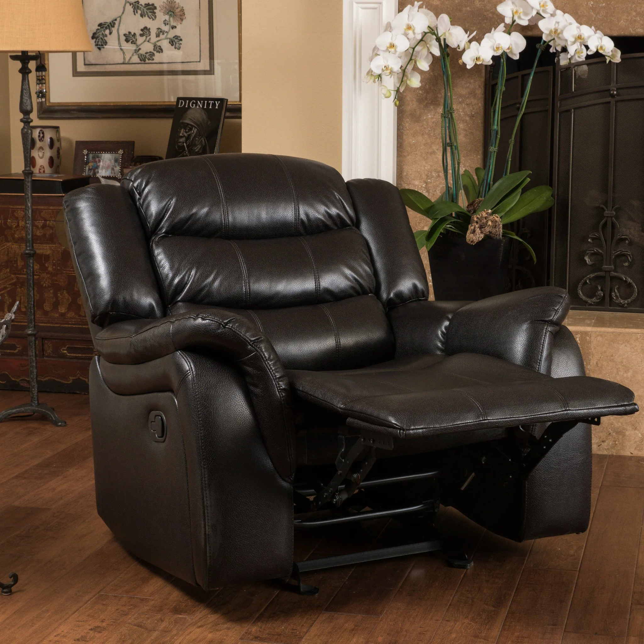 Hayvenhurst Black Leather Recliner/Glider Chair - furnishings