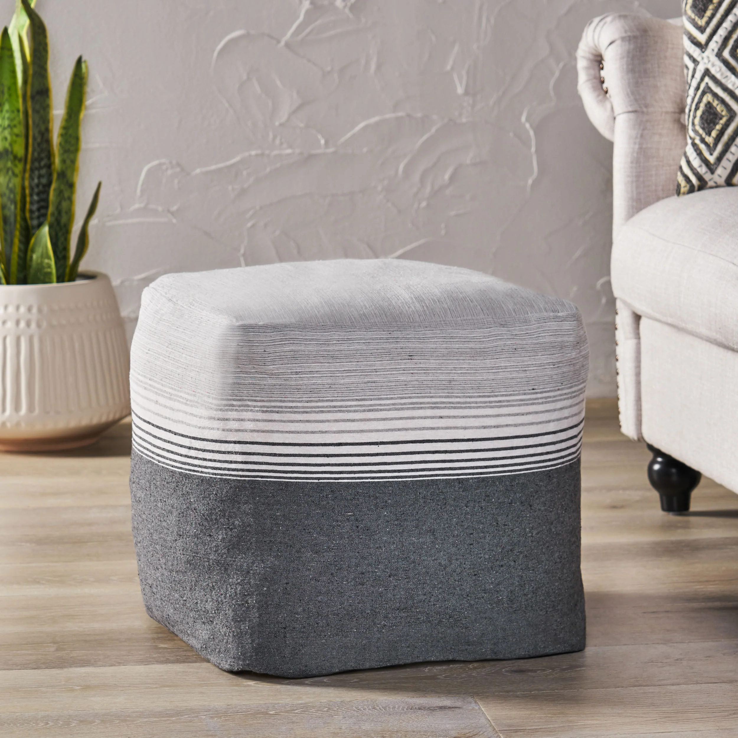 Oceola Boho Handcrafted Fabric Cube Pouf, Ivory and Gray - furnishings