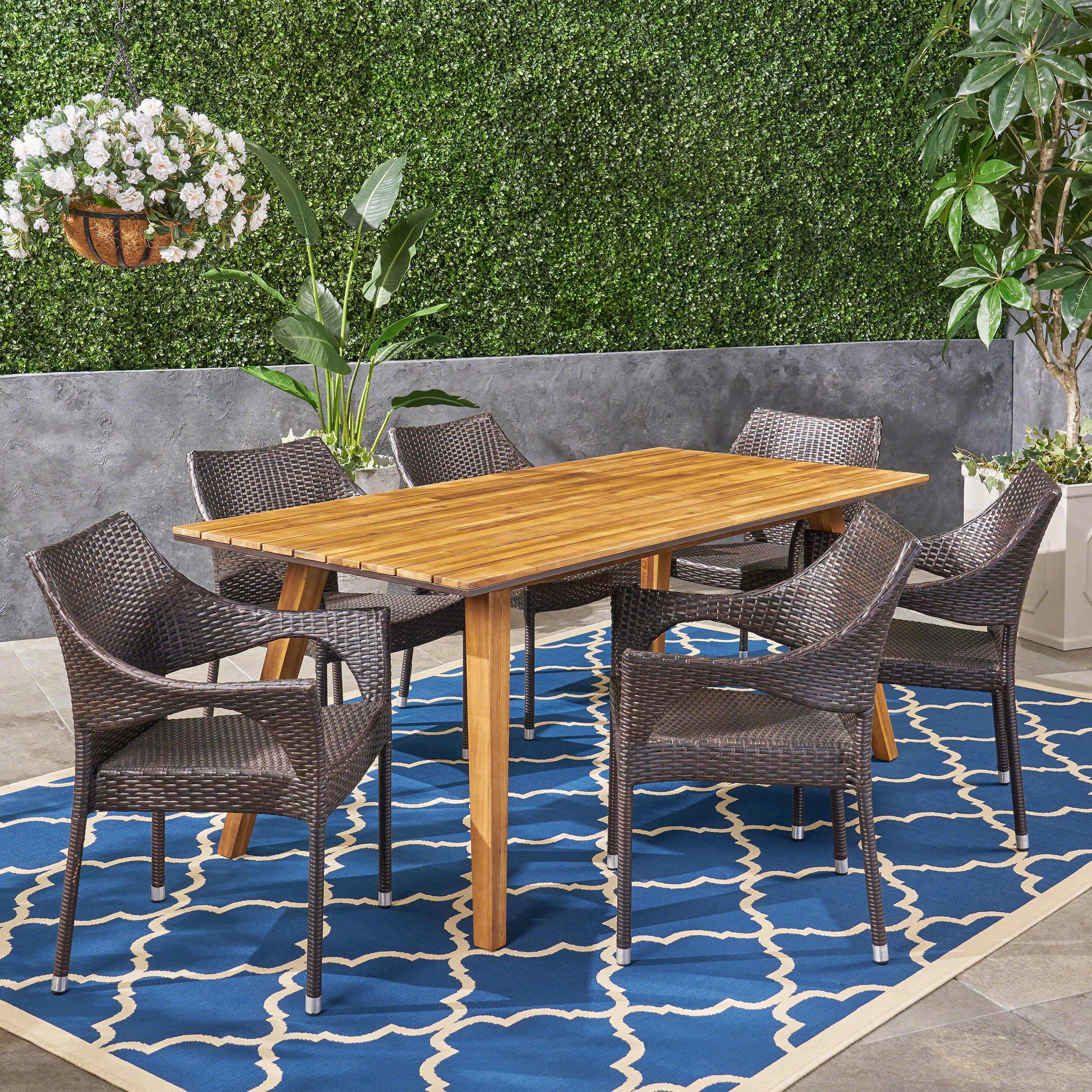 Doreen Outdoor 7 Piece Acacia Wood Dining Set with Stacking Wicker Chairs, Teak and Multi Brown - furnishings