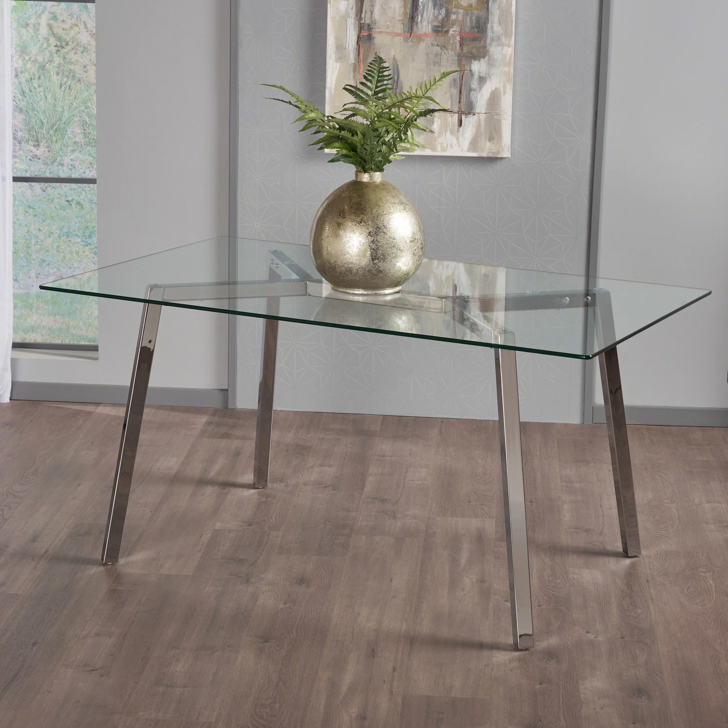 Arbutus Modern Glam Glass Top Dining Table, Clear and Chrome - furnishings