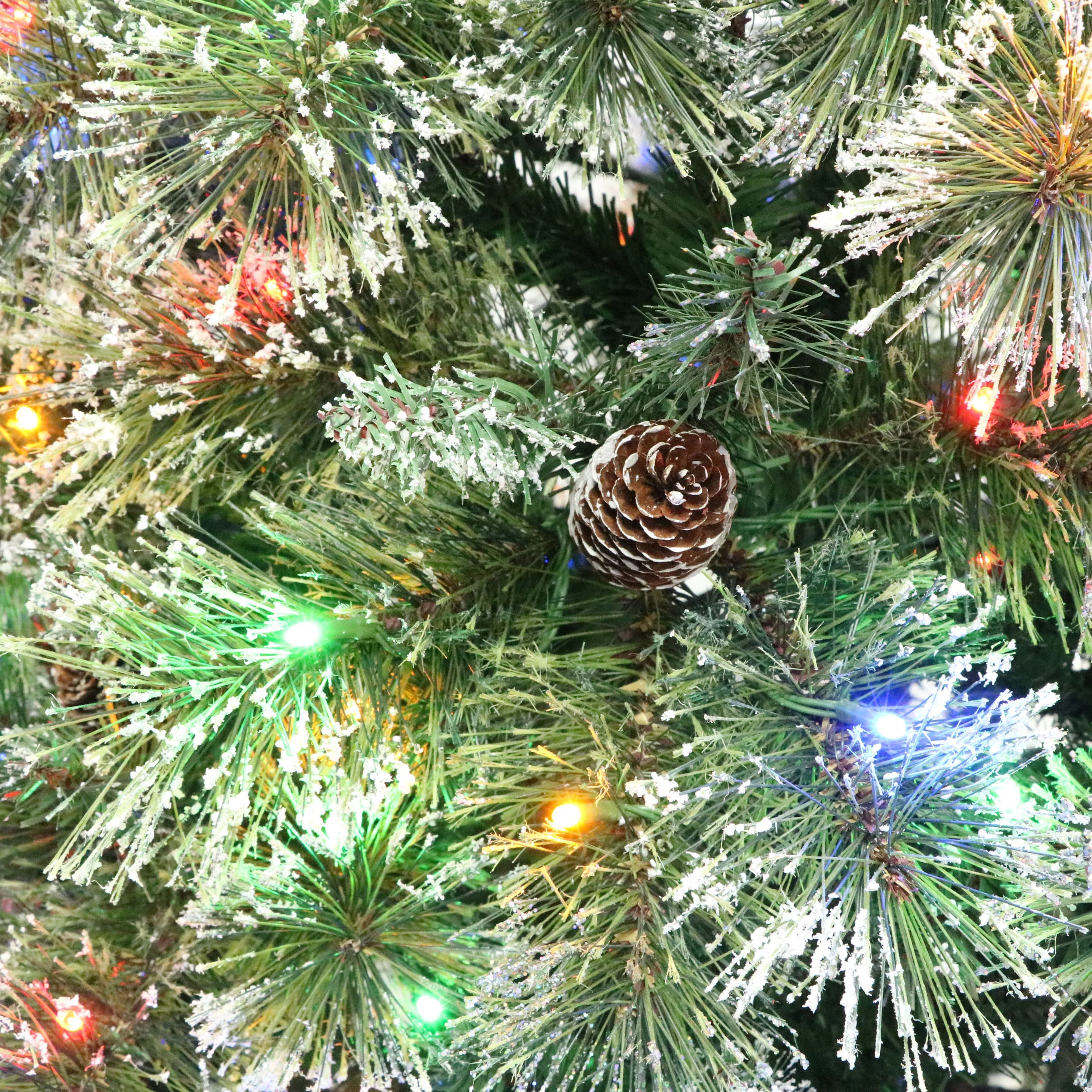 7-foot Cashmere Pine and Mixed Needles Pre-Lit Clear LED Hinged Artificial Christmas Tree with Snow and Glitter Branches and Frosted Pinecones - furnishings