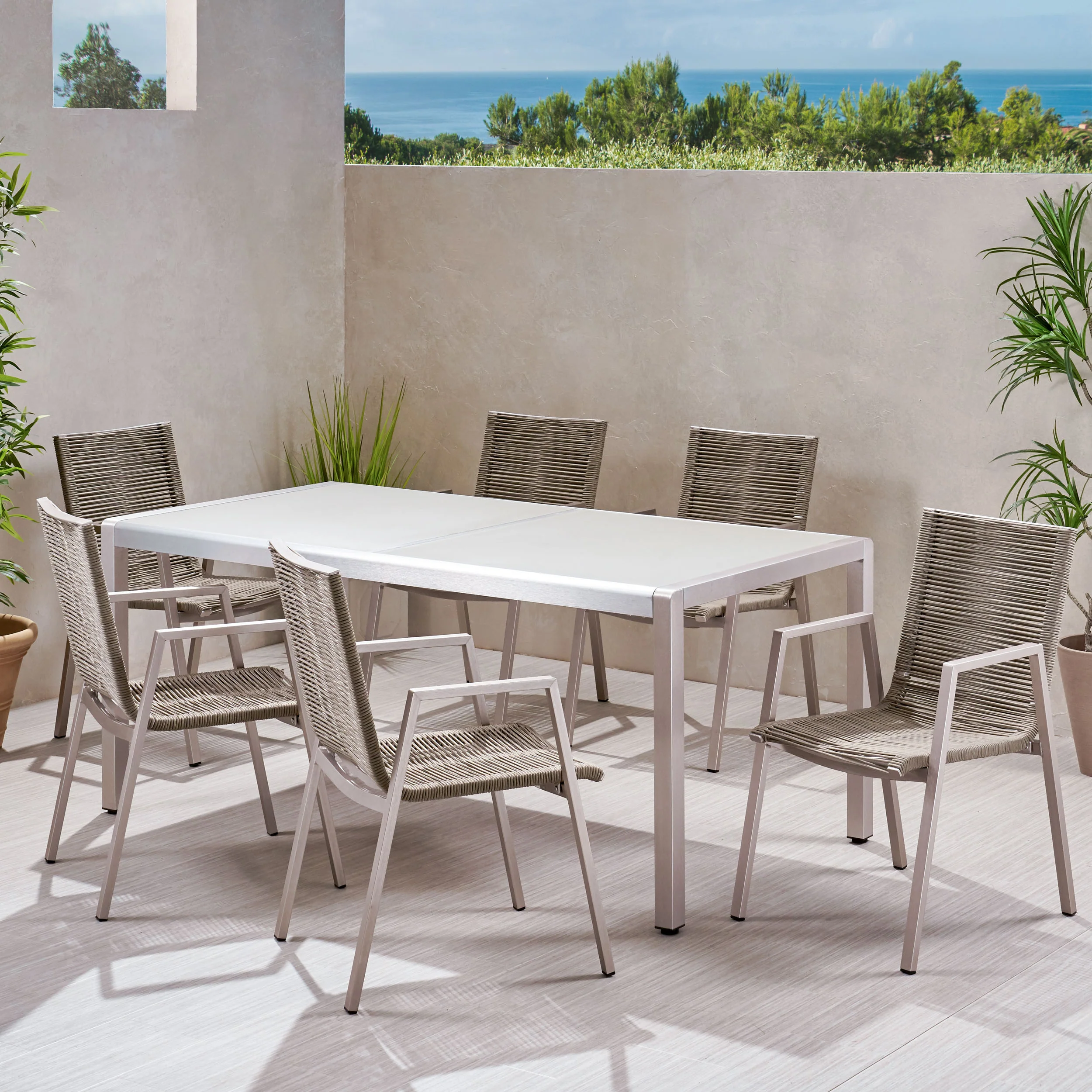 Damyrah Outdoor Modern 6 Seater Aluminum Dining Set with Tempered Glass Top - furnishings
