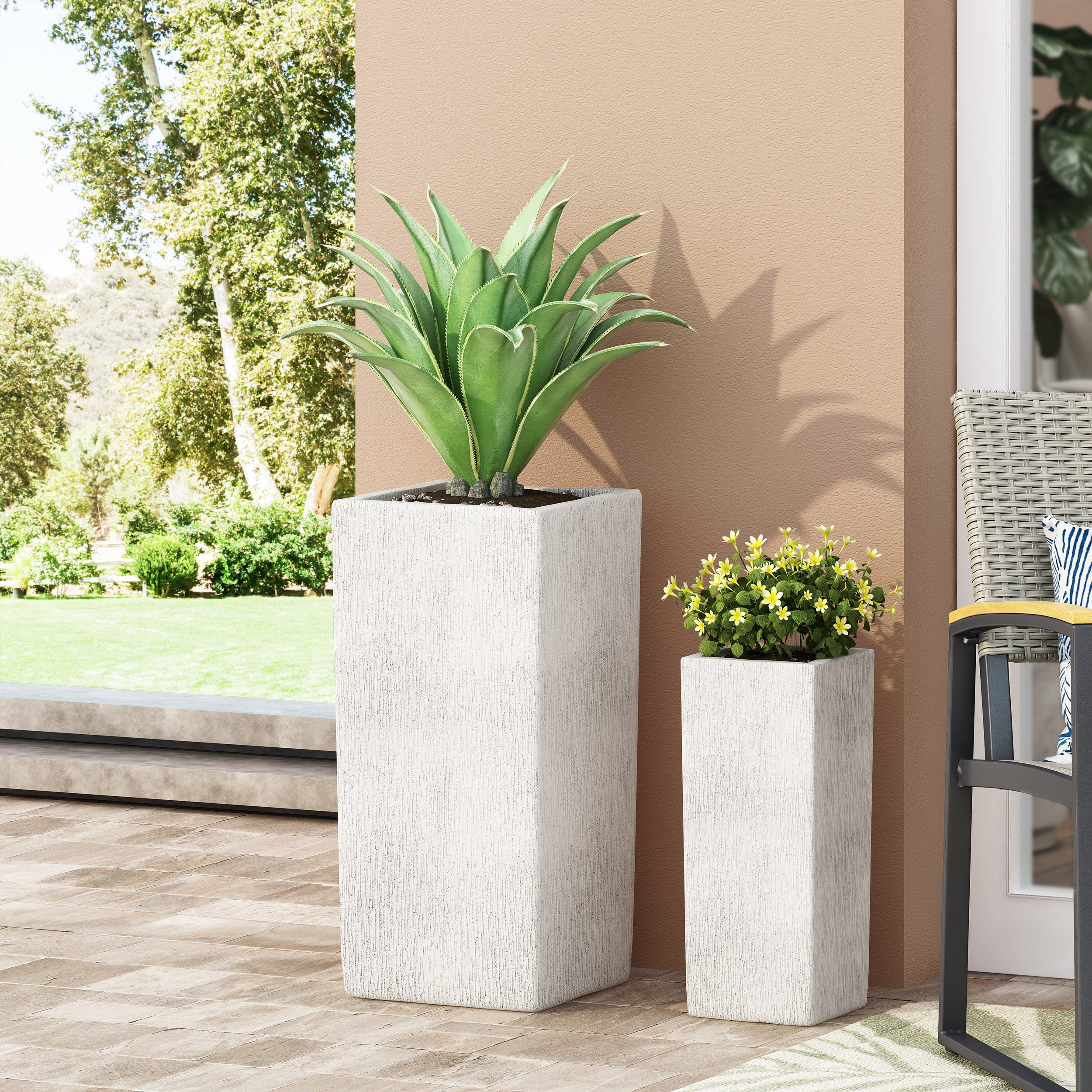 Severino Outdoor Small and Large Cast Stone Planter Set, Antique White - furnishings