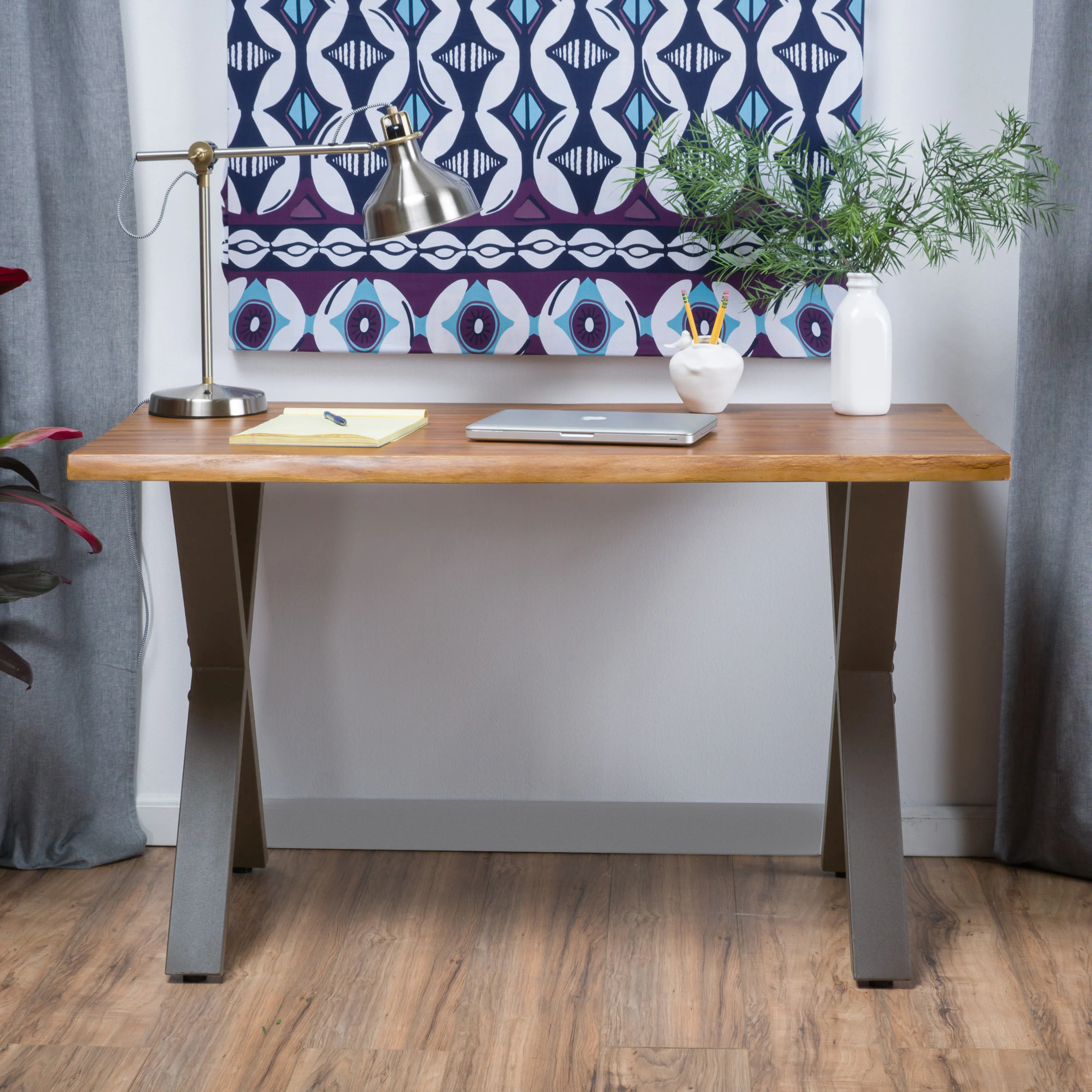Fitzgerald Farmhouse Teak Finish Acacia Wood Desk with Black X-Frame Legs - furnishings