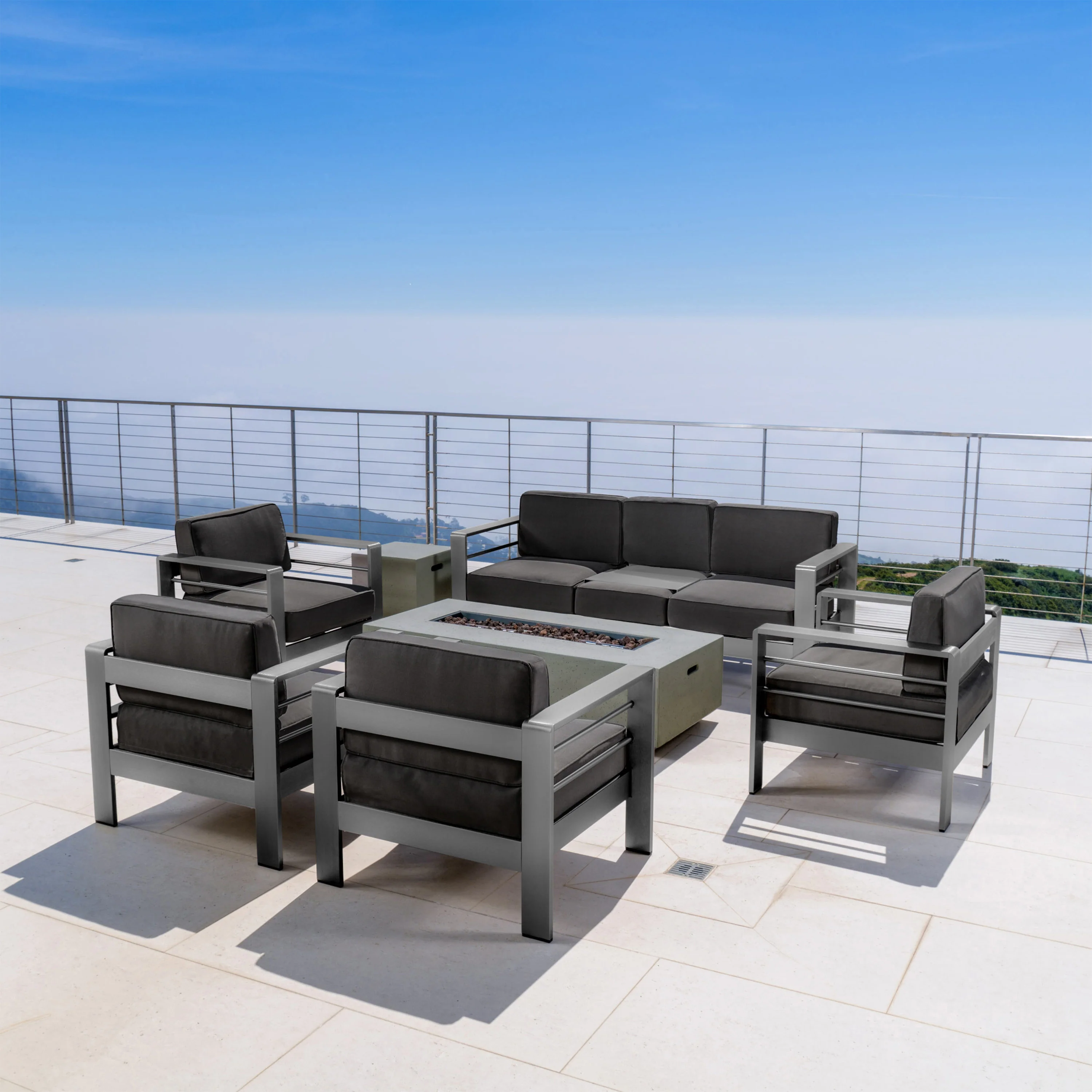 Coral Bay Outdoor Gray Aluminum 7 Piece Sofa Chat Set with Fire Table - furnishings