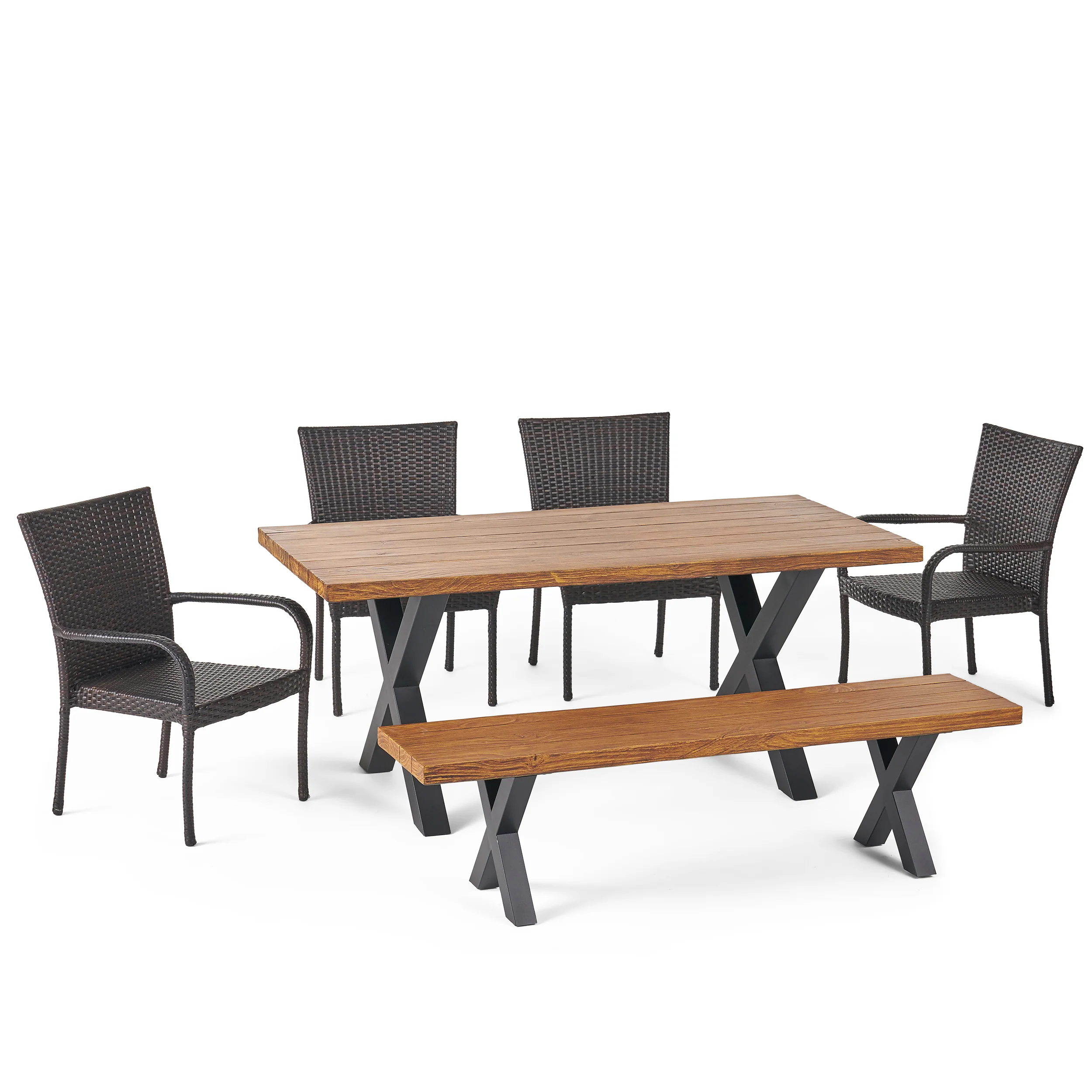 Amaryllis Outdoor 6 Piece Wicker Dining Set with Concrete Table and Bench - furnishings