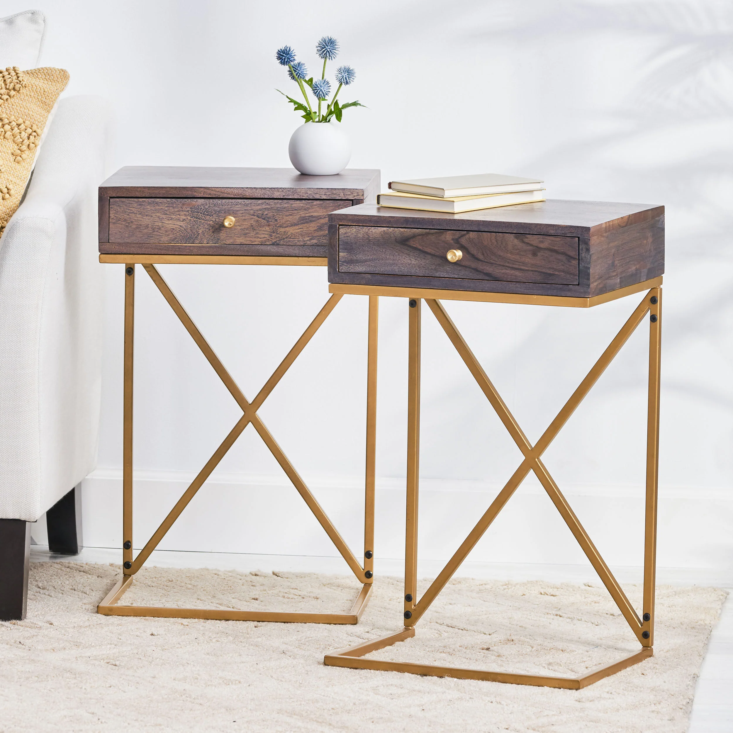Darke Rustic Glam Handcrafted Acacia Wood C-Shaped Side Tables, Set of 2, Dark Brown and Gold - furnishings