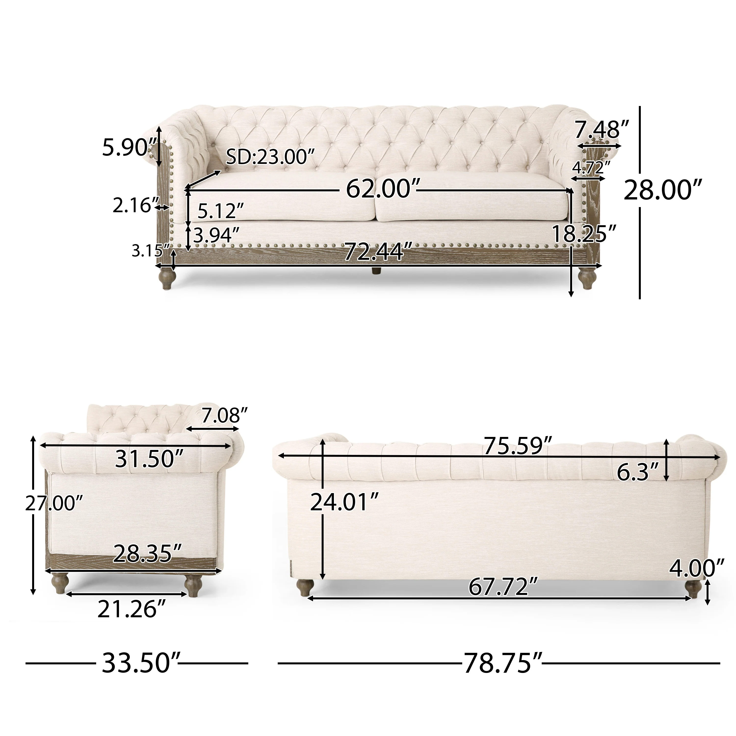 Kinzie Chesterfield Tufted Fabric 3 Seater Sofa with Nailhead Trim - furnishings