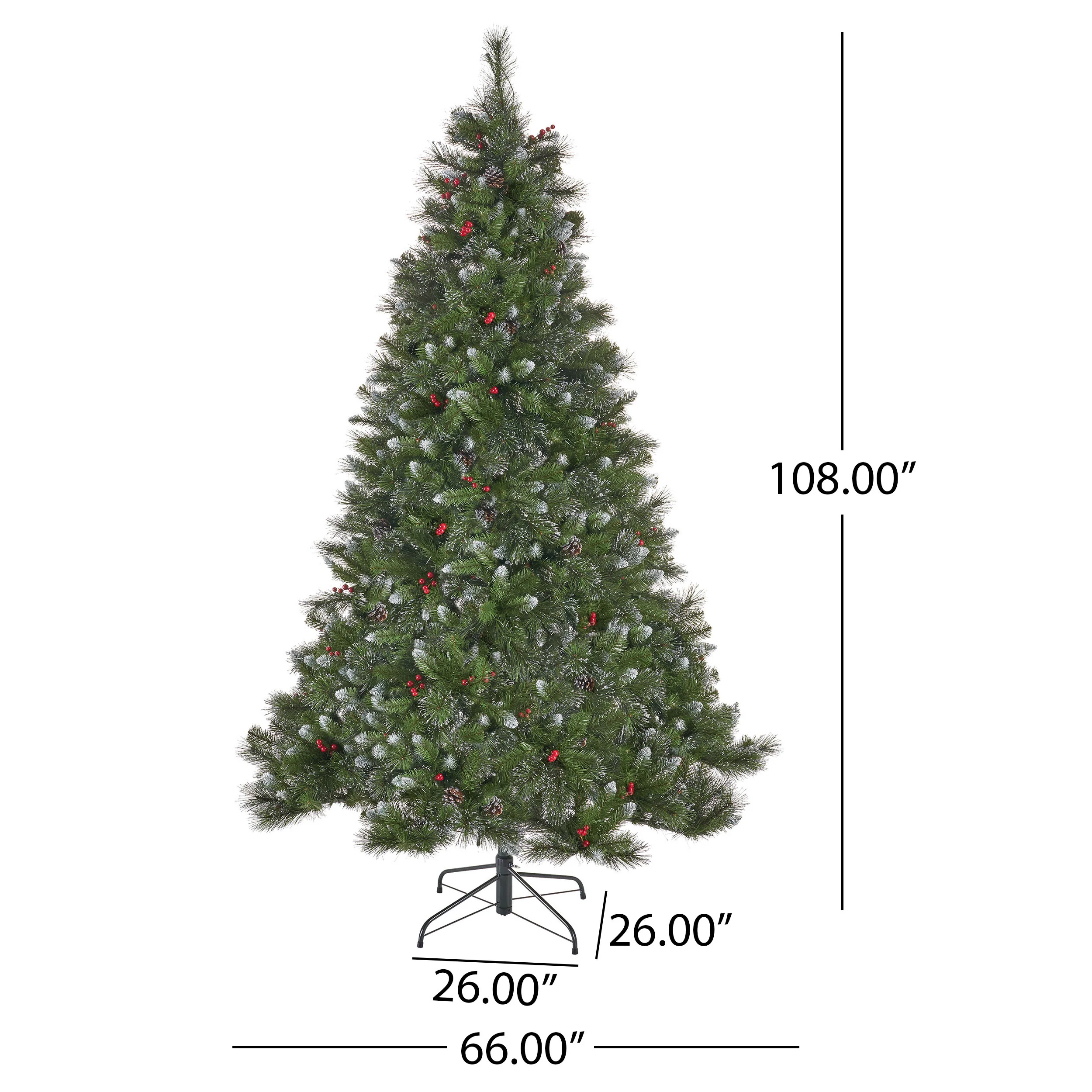 9-foot Mixed Spruce Hinged Artificial Christmas Tree with Glitter Branches, Red Berries, and Pinecones - furnishings