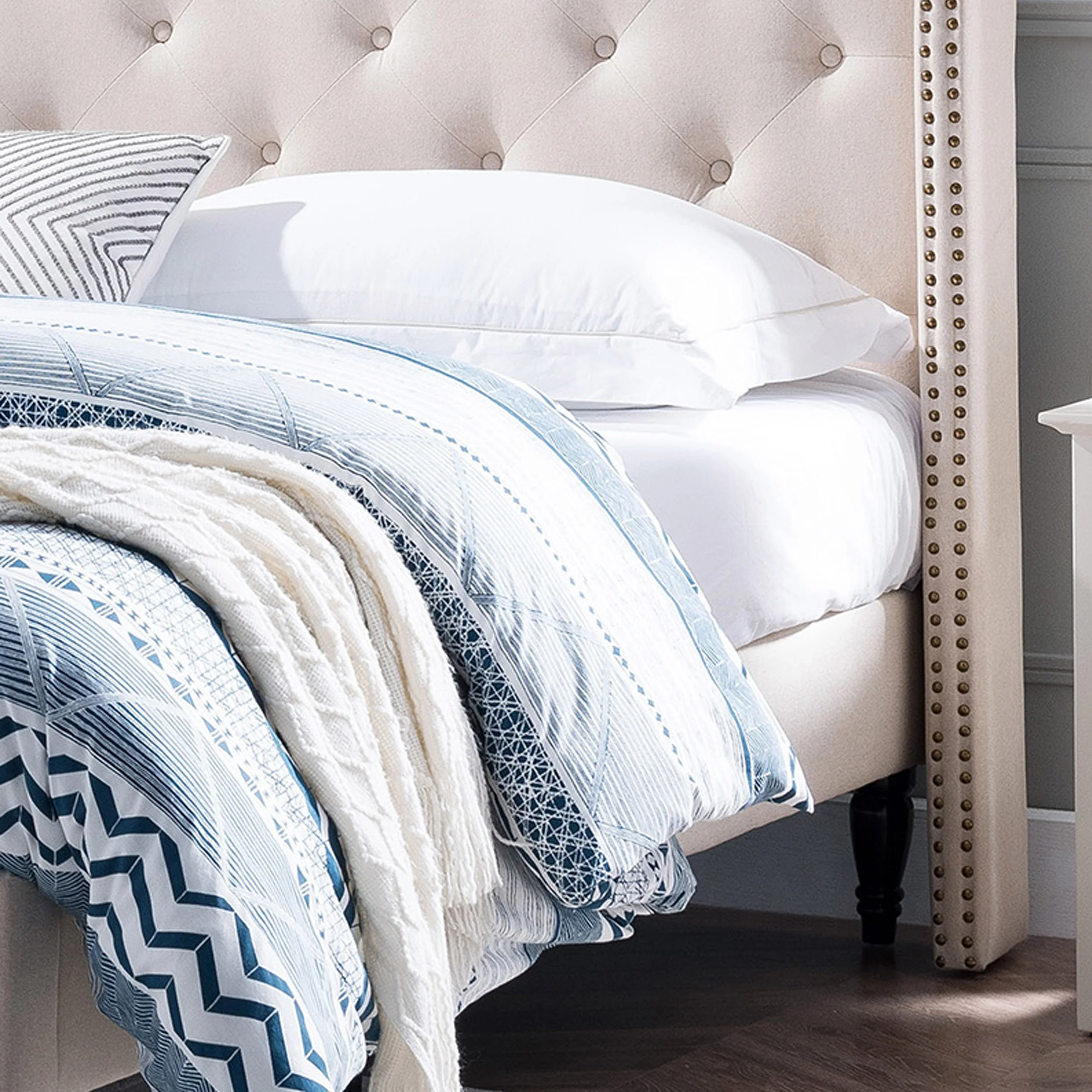 Ray Contemporary Rhinestone-Tufted Wingback Bed Frame with Nailhead Trim - furnishings