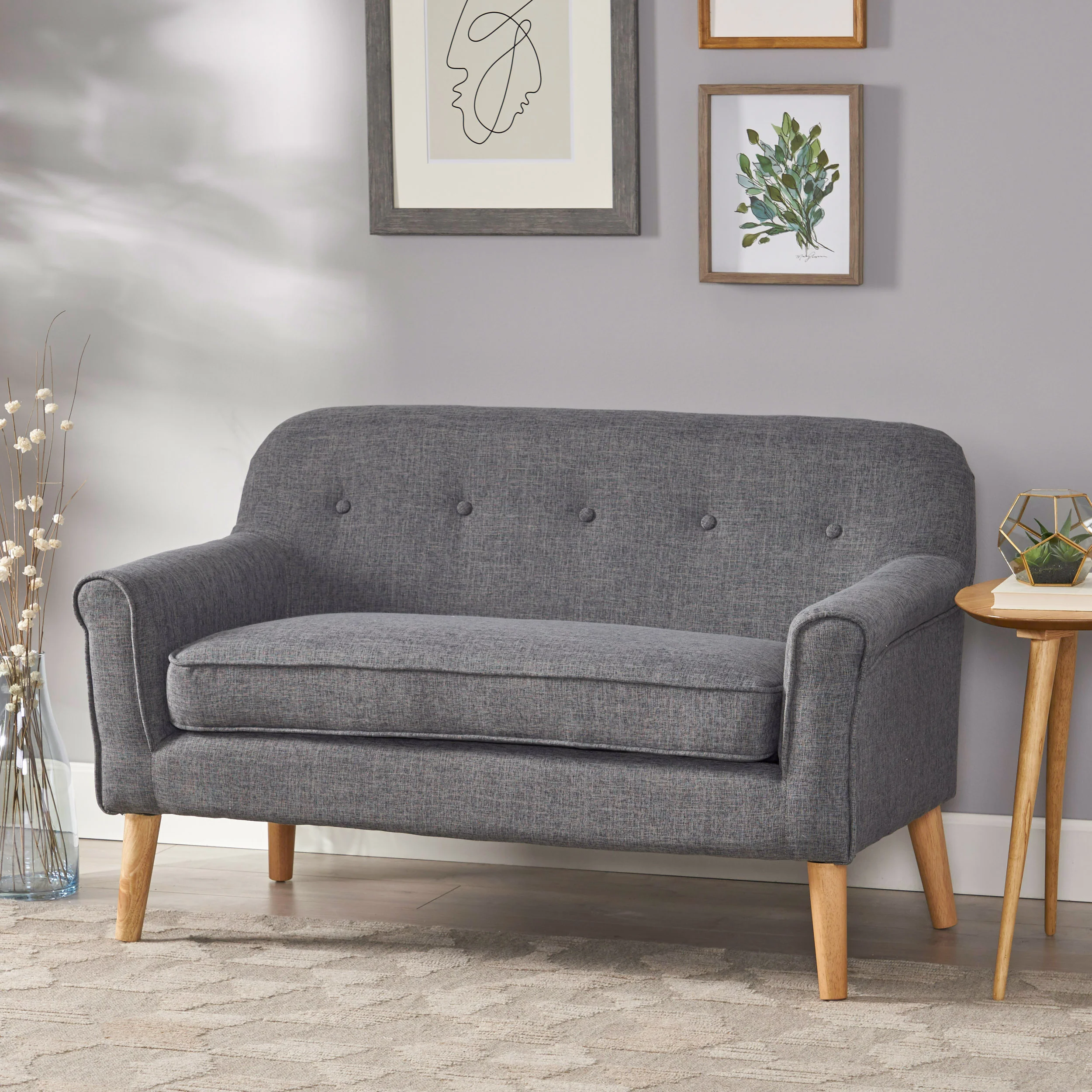 Mia Mid-Century Modern Button Tufted Fabric Upholstered Loveseat w/ Tapered Legs - furnishings