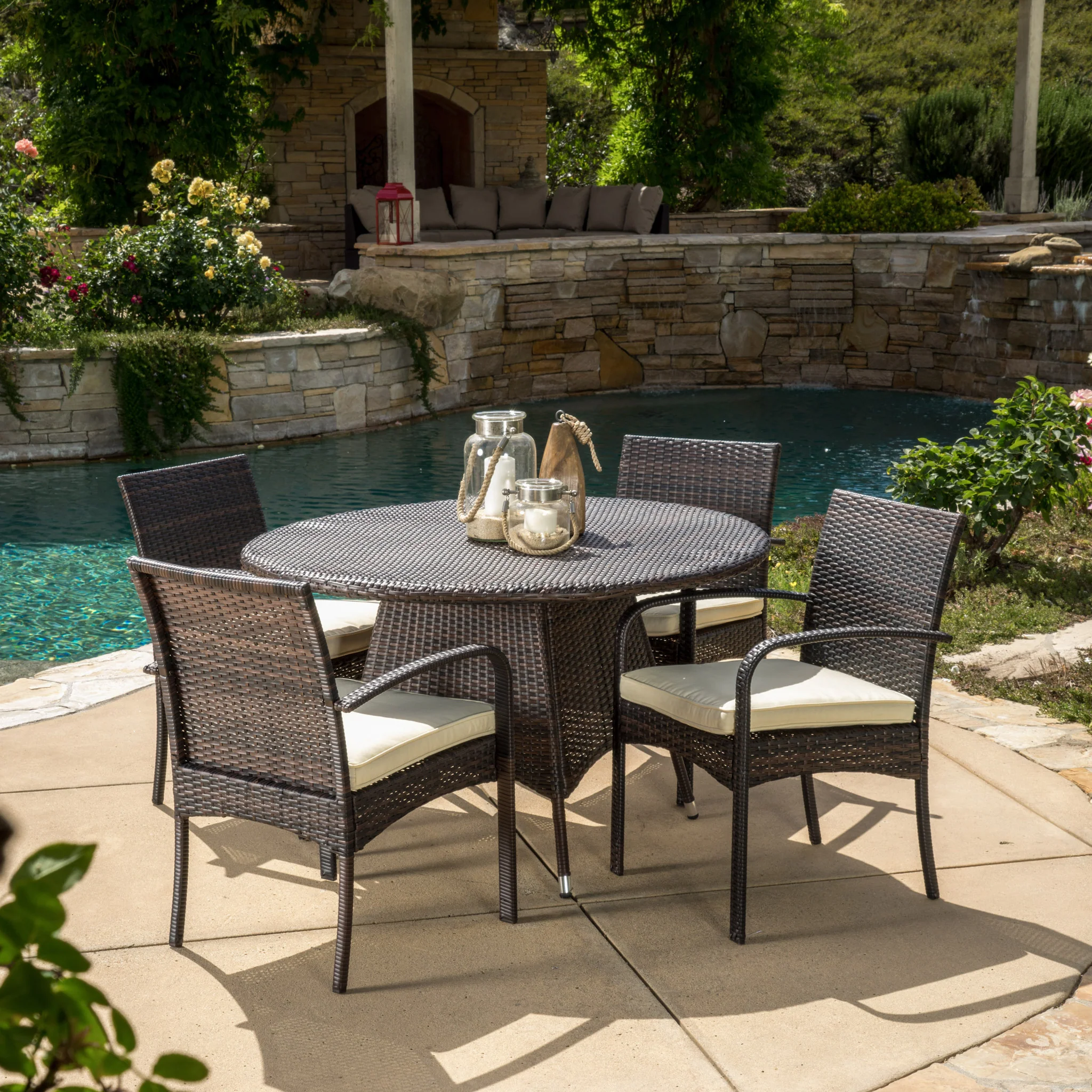Carmela Outdoor 5pc Multibrown Wicker Dining Set - furnishings
