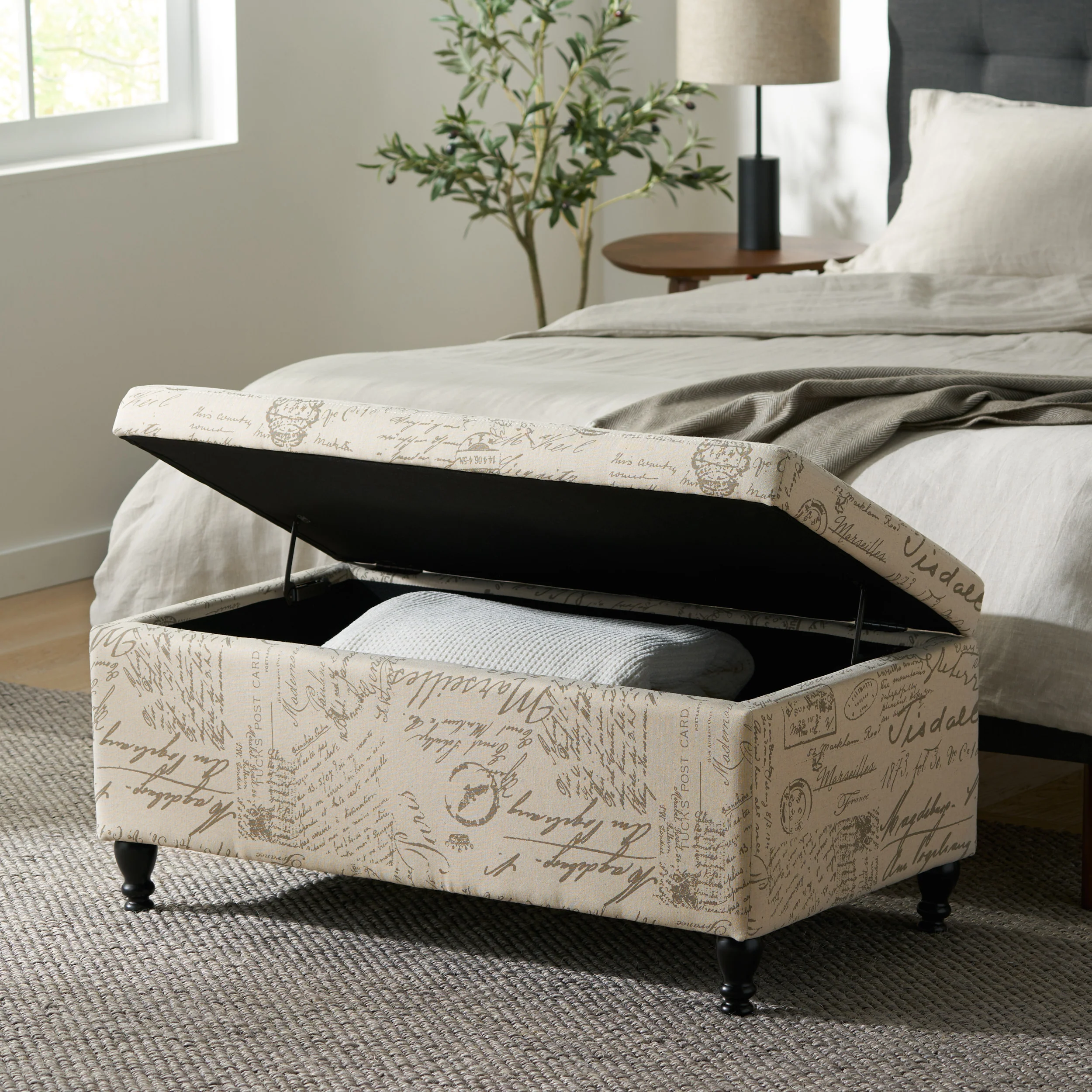 Kingsbury Fabric Storage Ottoman Bench with French Script - furnishings