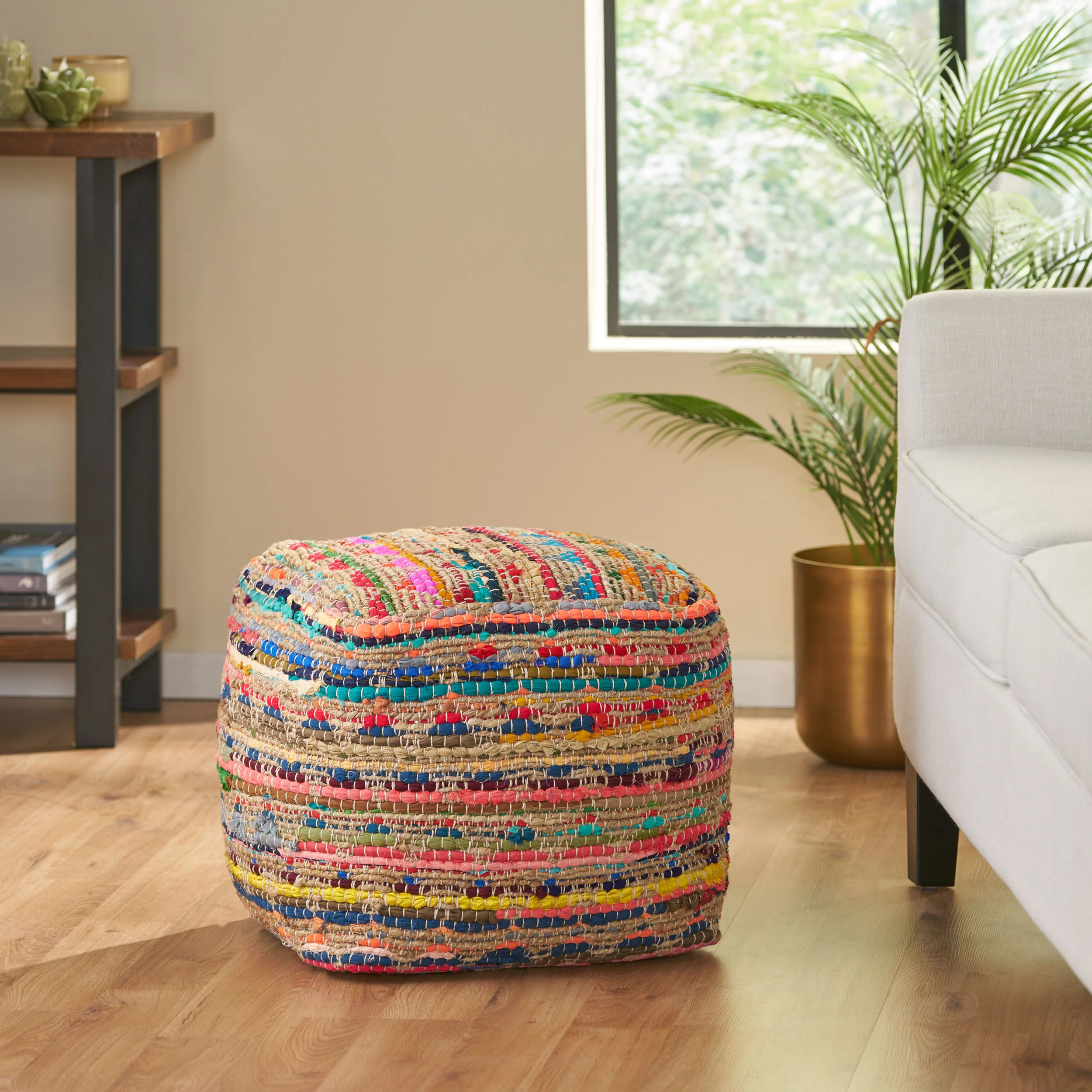 Kemp Handcrafted Boho Fabric Cube Pouf - furnishings
