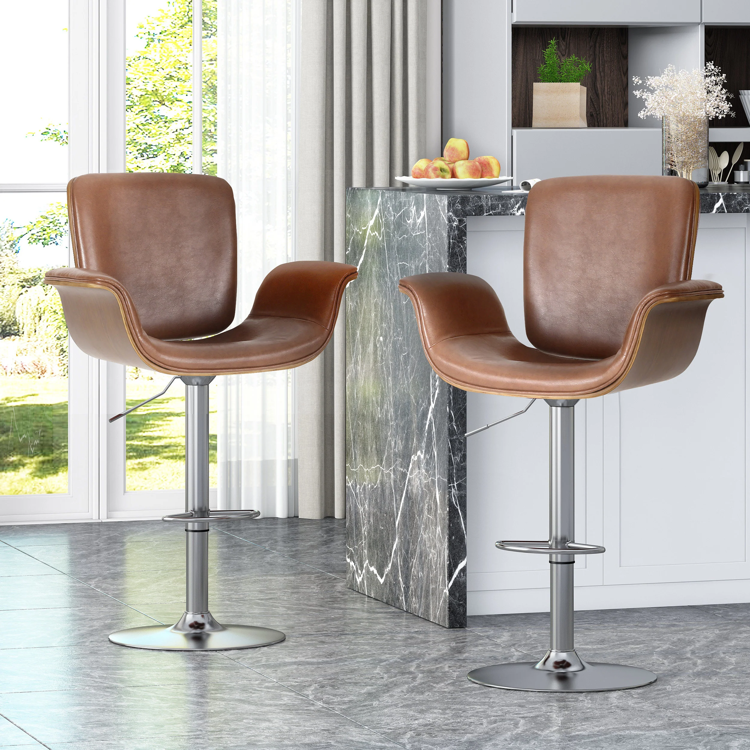 Canyon Mid Century Modern Bentwood Adjustable Swivel Barstools, Set of 2 - furnishings
